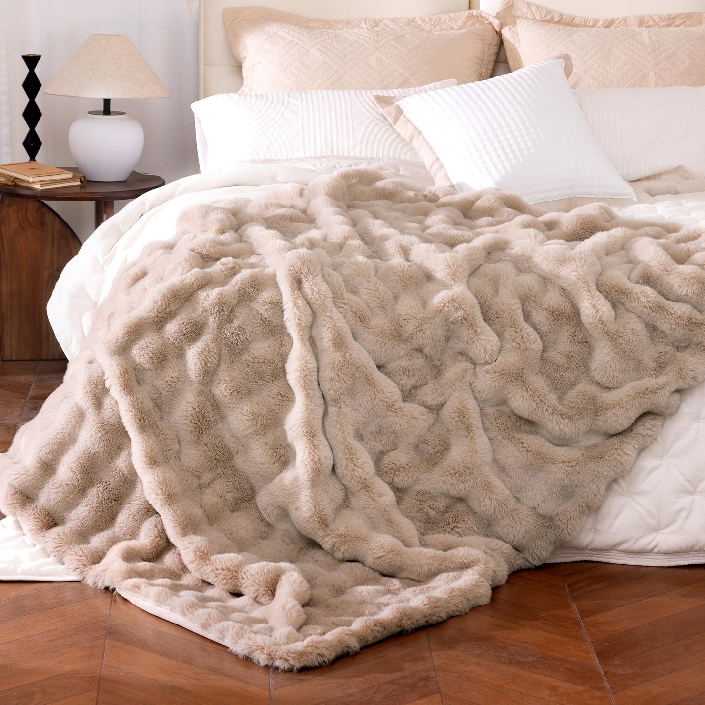 Ultra Soft Cozy Faux Fur Throw Blanket, Fuzzy Plush Thick Bubble Blanket, Oversize Luxury Fluffy Blanket for Couch, Sofa, Bedroom, and Living Room, 50x60 Inches, Light Brown