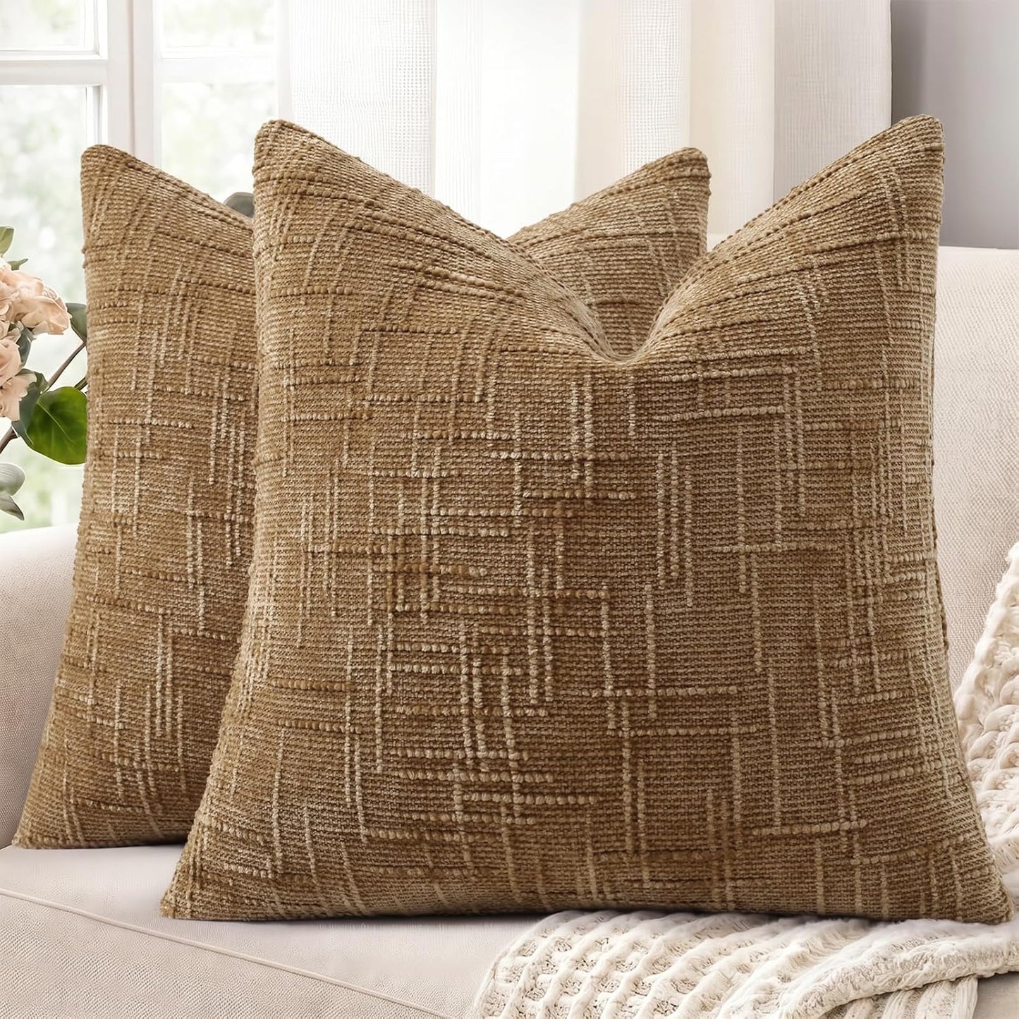 decorUhome Textured Chenille Throw Pillow Covers 18x18 Set of 2 Rust