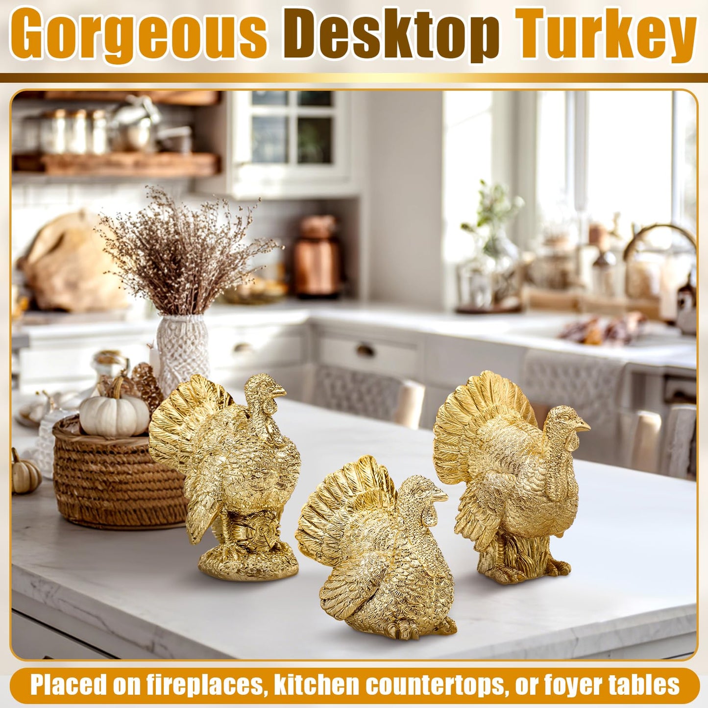 VioraWhite 3 Pack Fall Pumpkin Decor White Gold Resin Pumpkin Figurine