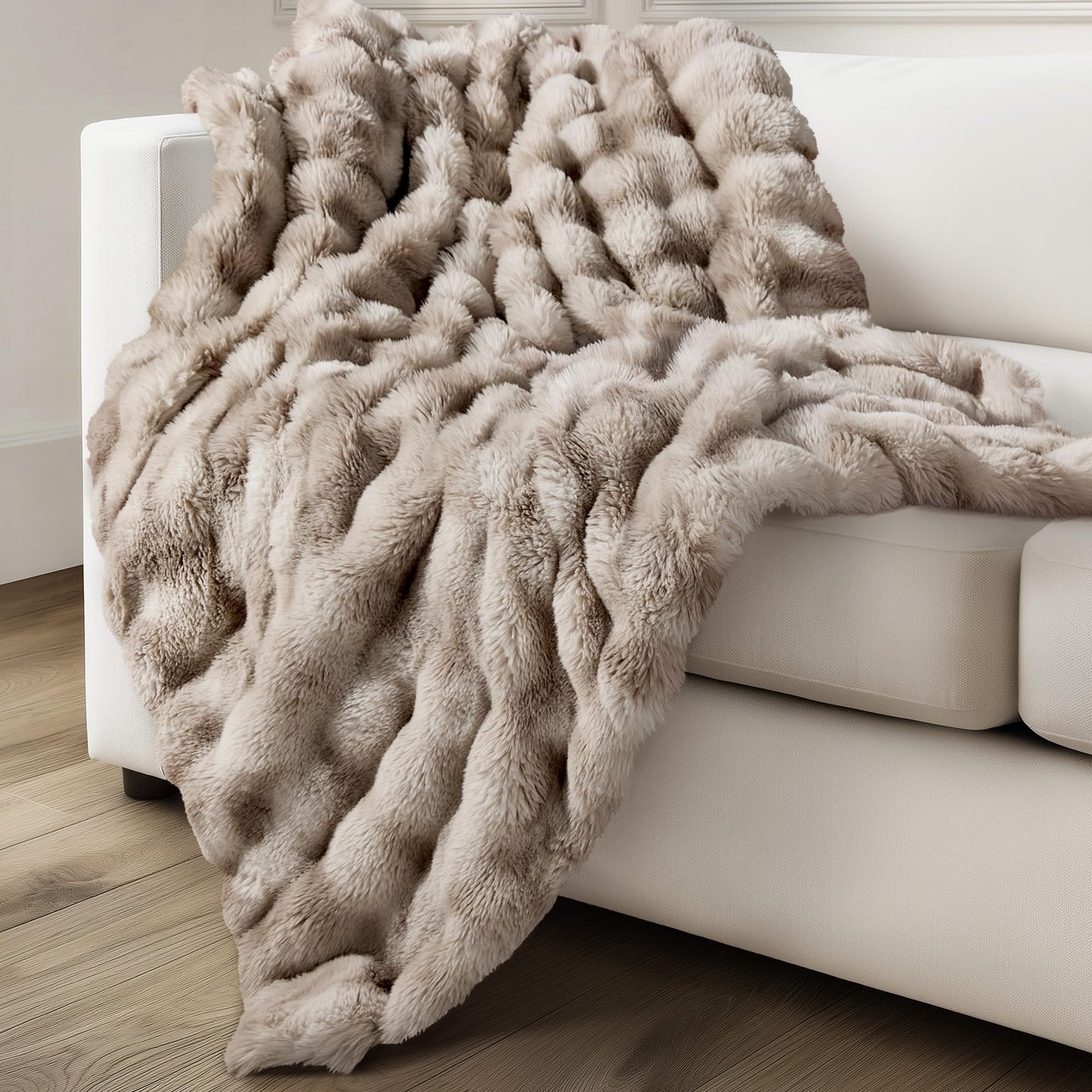 Ultra Soft Cozy Faux Fur Throw Blanket, Fuzzy Plush Thick Bubble Blanket, Oversize Luxury Fluffy Blanket for Couch, Sofa, Bedroom, and Living Room, 50x60 Inches, Light Brown