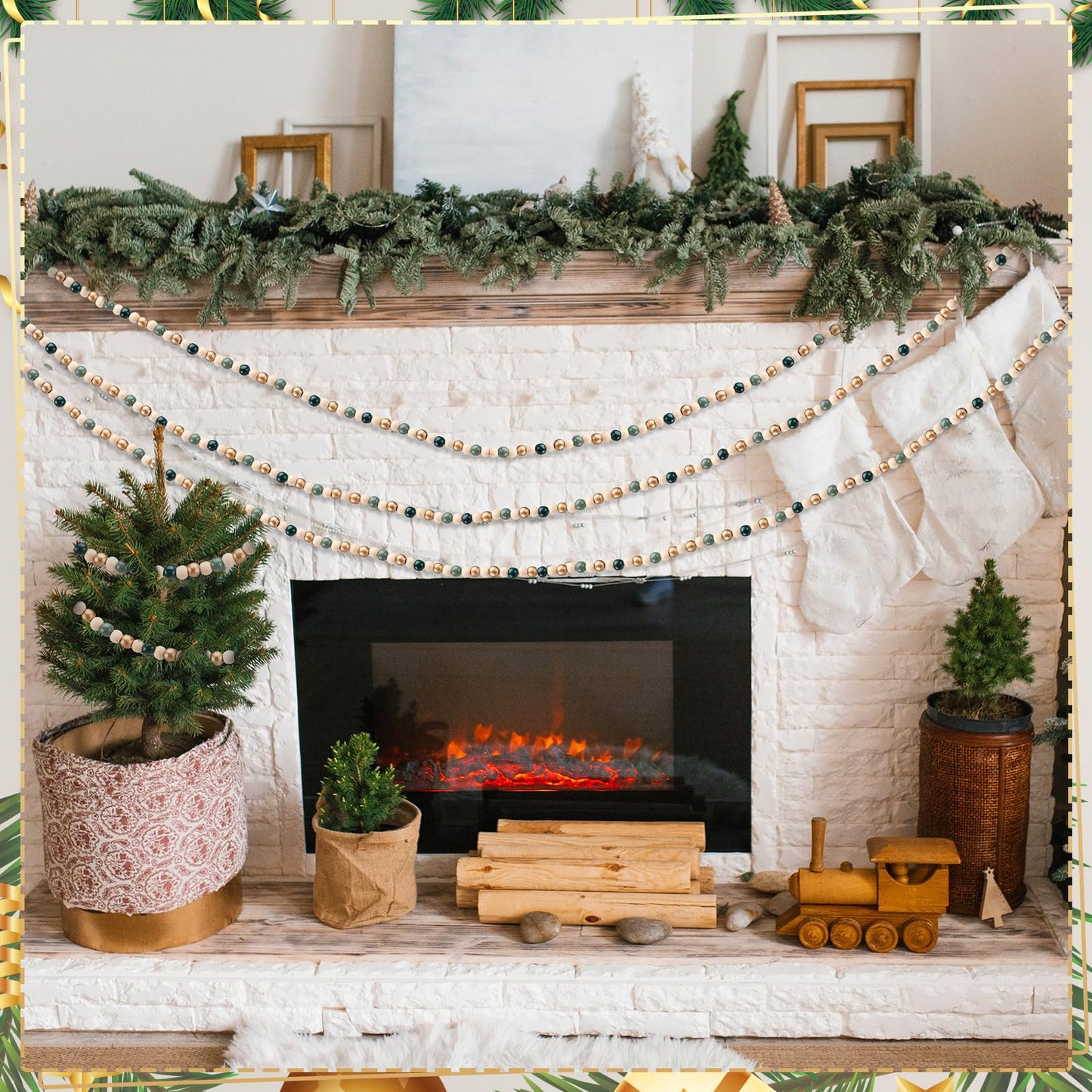 WILLBOND 16 Feet Wood Bead Garland Christmas Tree, Wood Color