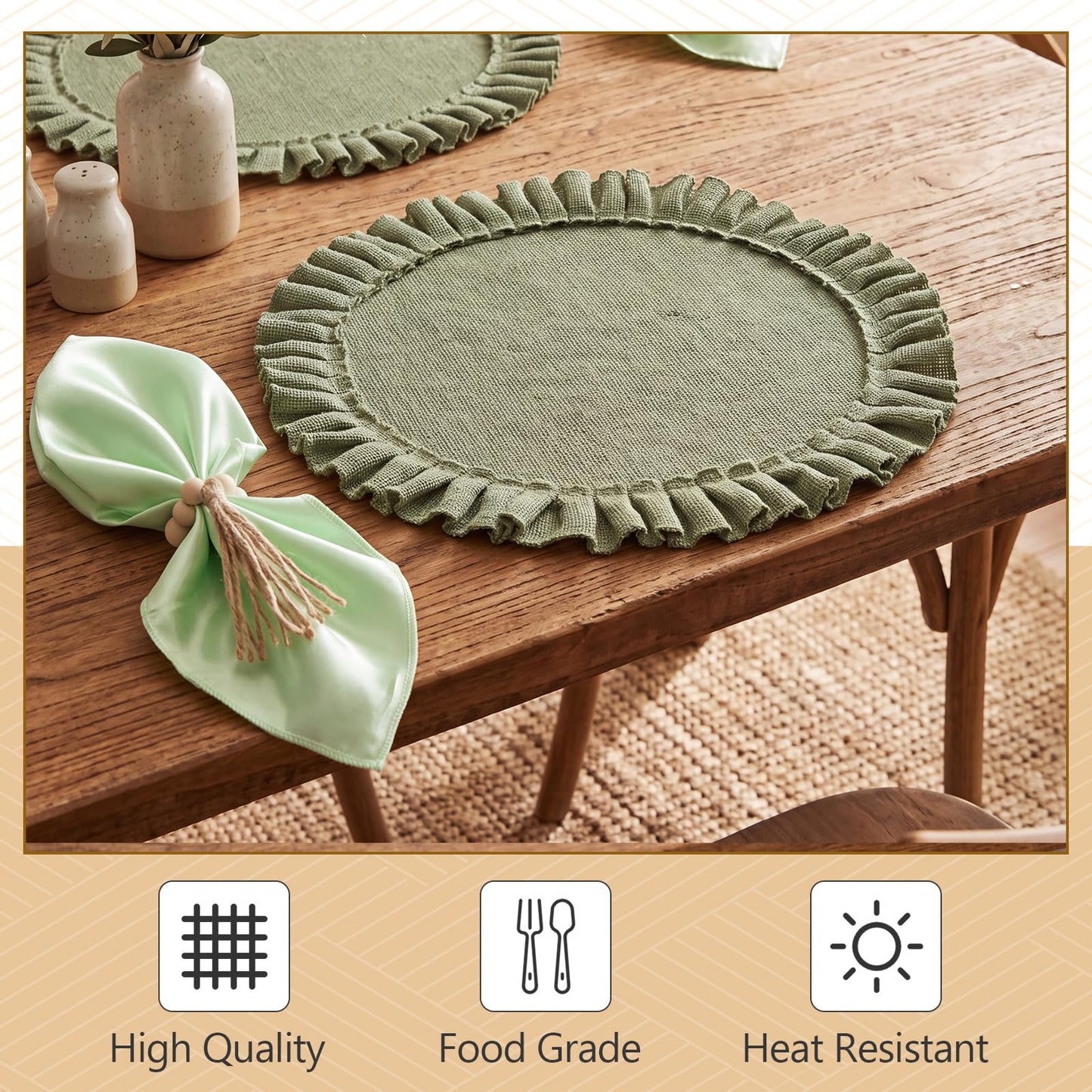 Gejoy 18 Pcs Burlap Placemat Wood Napkin Ring Dinner Napkin, Natural