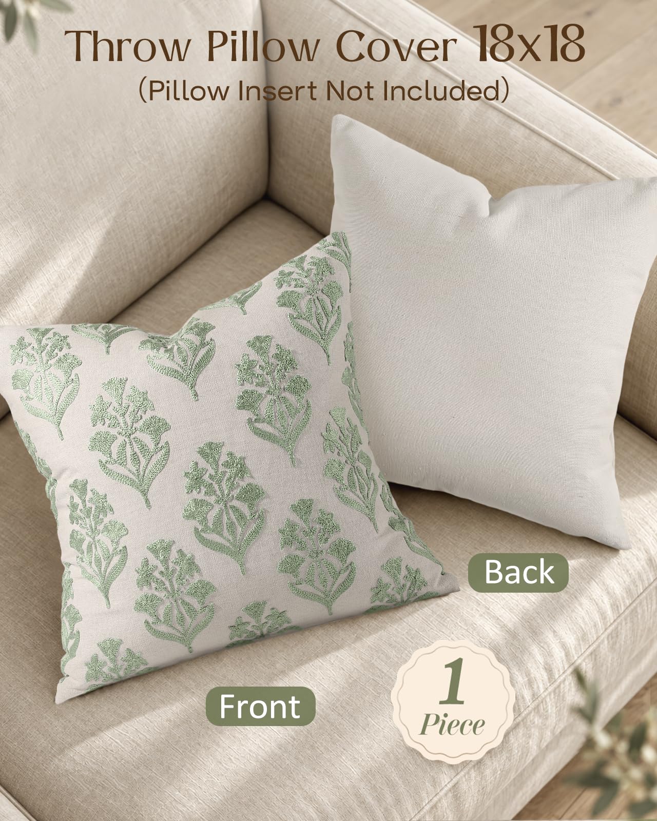 Linen Embroidered Throw Pillow Cover, 18x18 Inch, Khaki Bird