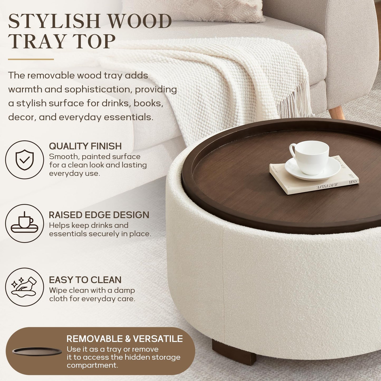 Zihanhome 30 Inch Round Storage Ottoman, Ottoman Coffee Table with Lift Off Lid, Boucle Modern Ottomans with Storage for Living Room, Bedroom, Apartments (Green)