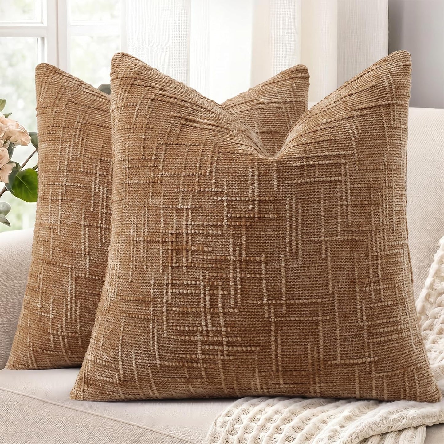 decorUhome Textured Chenille Throw Pillow Covers 18x18 Set of 2 Rust