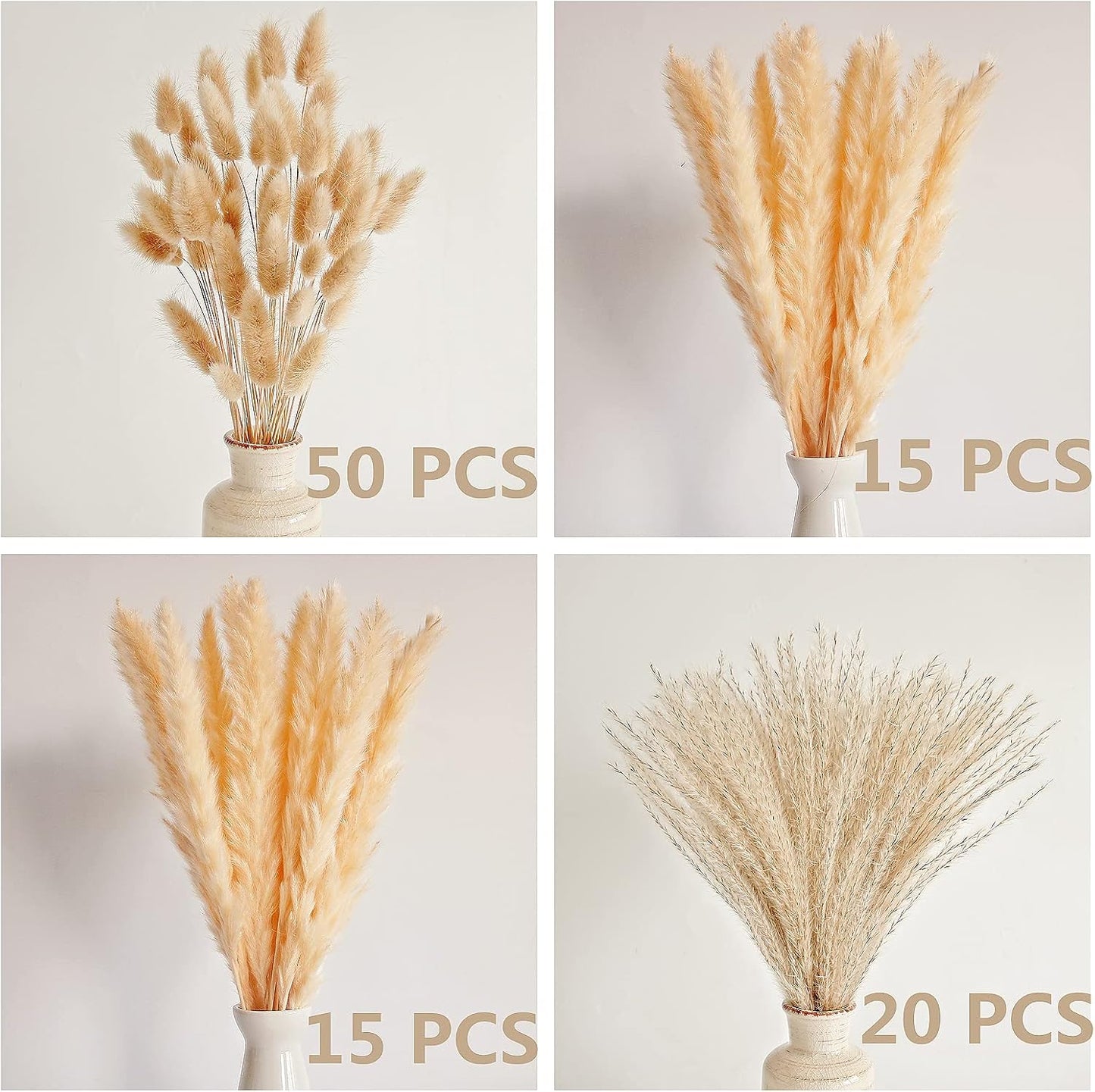 Dried Pampas Grass Decor, 100 Stems Pampas Grass Contains Bunny Tails Dried Flowers, Reed Grass Bouquet for Wedding Boho Flowers Home Table Decor, Rustic Farmhouse Party (17", White and Brown)