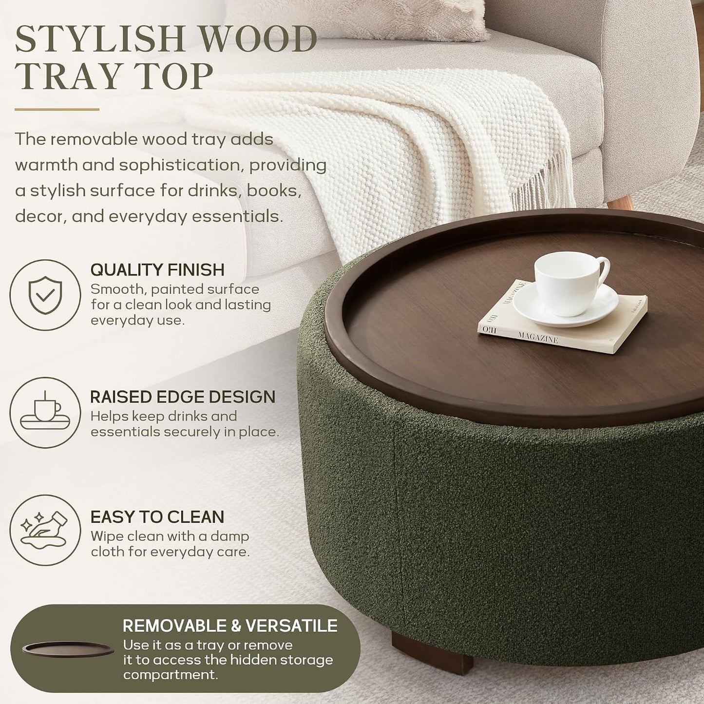 Zihanhome 30 Inch Round Storage Ottoman, Ottoman Coffee Table with Lift Off Lid, Boucle Modern Ottomans with Storage for Living Room, Bedroom, Apartments (Green)