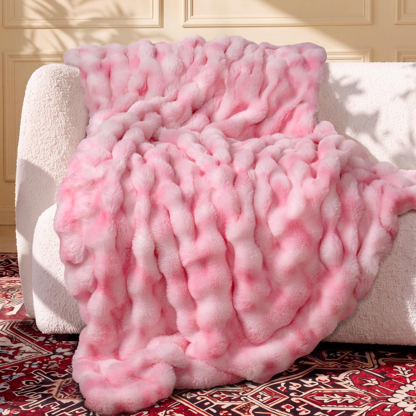 Ultra Soft Cozy Faux Fur Throw Blanket, Fuzzy Plush Thick Bubble Blanket, Oversize Luxury Fluffy Blanket for Couch, Sofa, Bedroom, and Living Room, 50x60 Inches, Light Brown