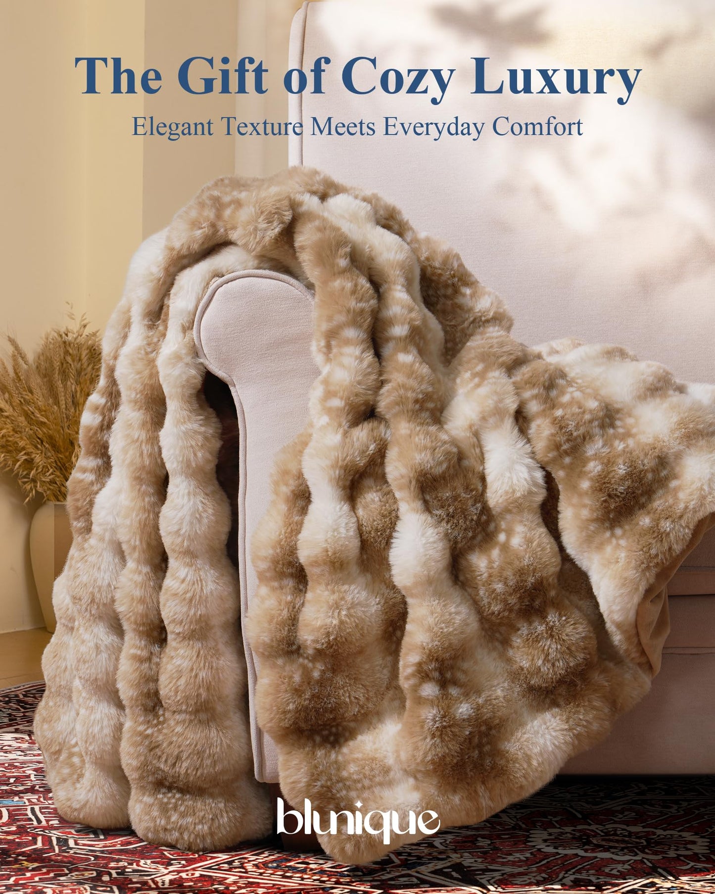 Ultra Soft Cozy Faux Fur Throw Blanket, Fuzzy Plush Thick Bubble Blanket, Oversize Luxury Fluffy Blanket for Couch, Sofa, Bedroom, and Living Room, 50x60 Inches, Light Brown