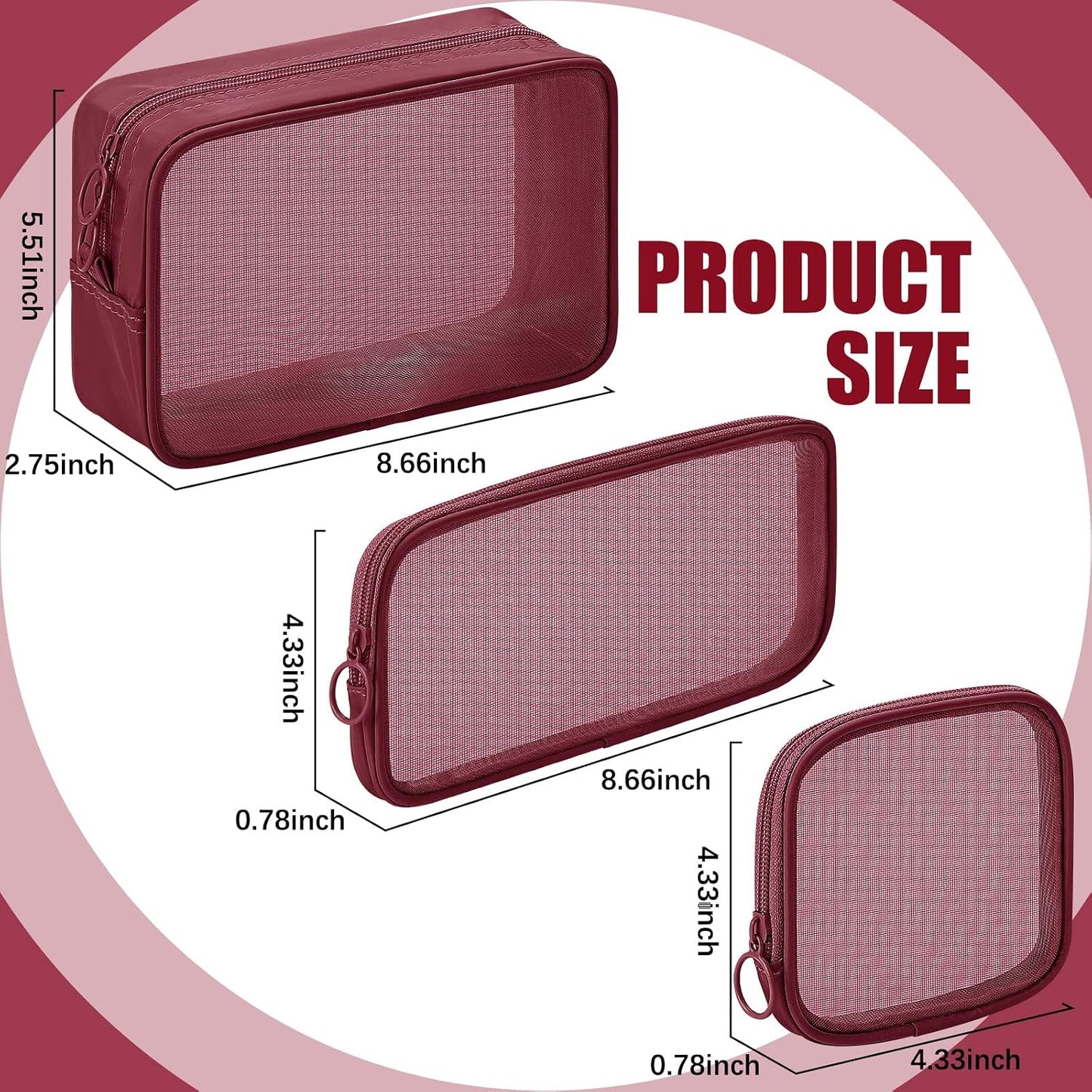 Weewooday 4Pcs Mesh Makeup Bag, Wine Red, Small, Large, Medium, Classic