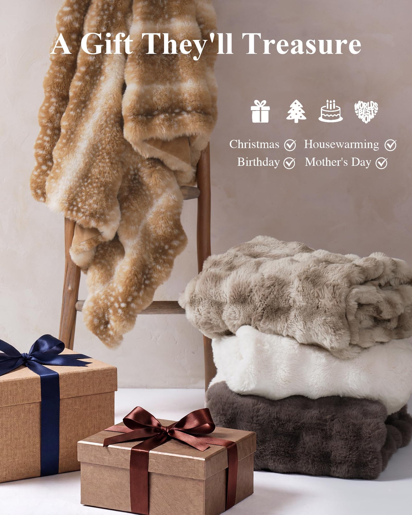 Ultra Soft Cozy Faux Fur Throw Blanket, Fuzzy Plush Thick Bubble Blanket, Oversize Luxury Fluffy Blanket for Couch, Sofa, Bedroom, and Living Room, 50x60 Inches, Light Brown