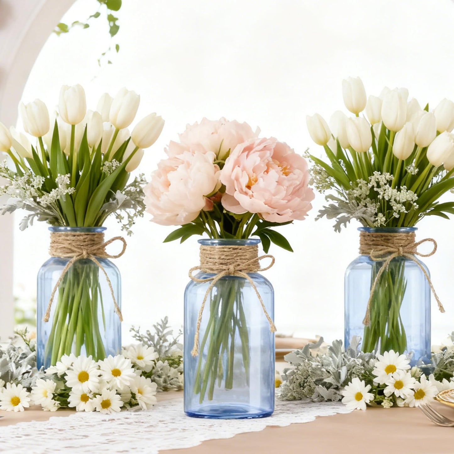 3 Pack Mason Jar Vases for Centerpieces, Amber Glass Flower Vase
