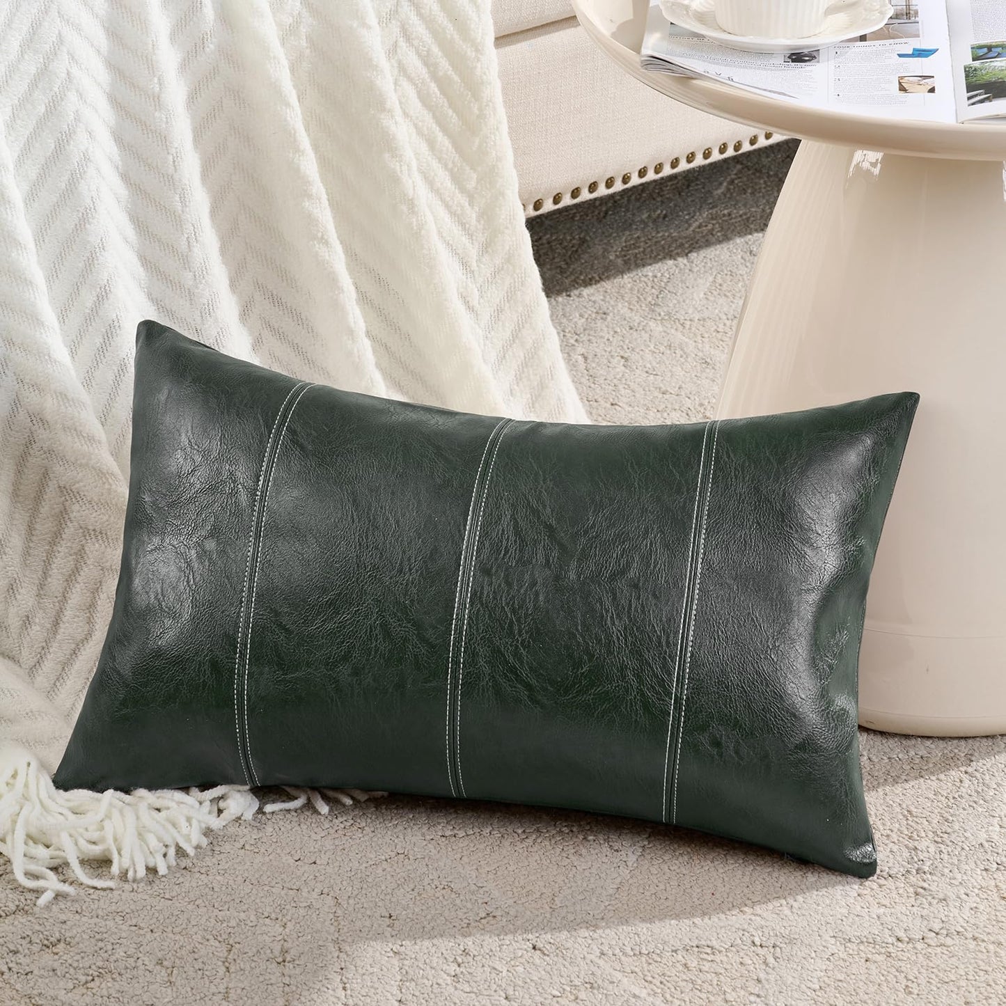 Fancy Homi Brown Boho Long Lumbar Faux Leather Body Decorative Throw Pillow Cover 14x36 Inch for Bedroom Couch Bed Bench, Thick Stylish Solid Rectangle Pillowcase, Rustic Modern Farmhouse Room Decor