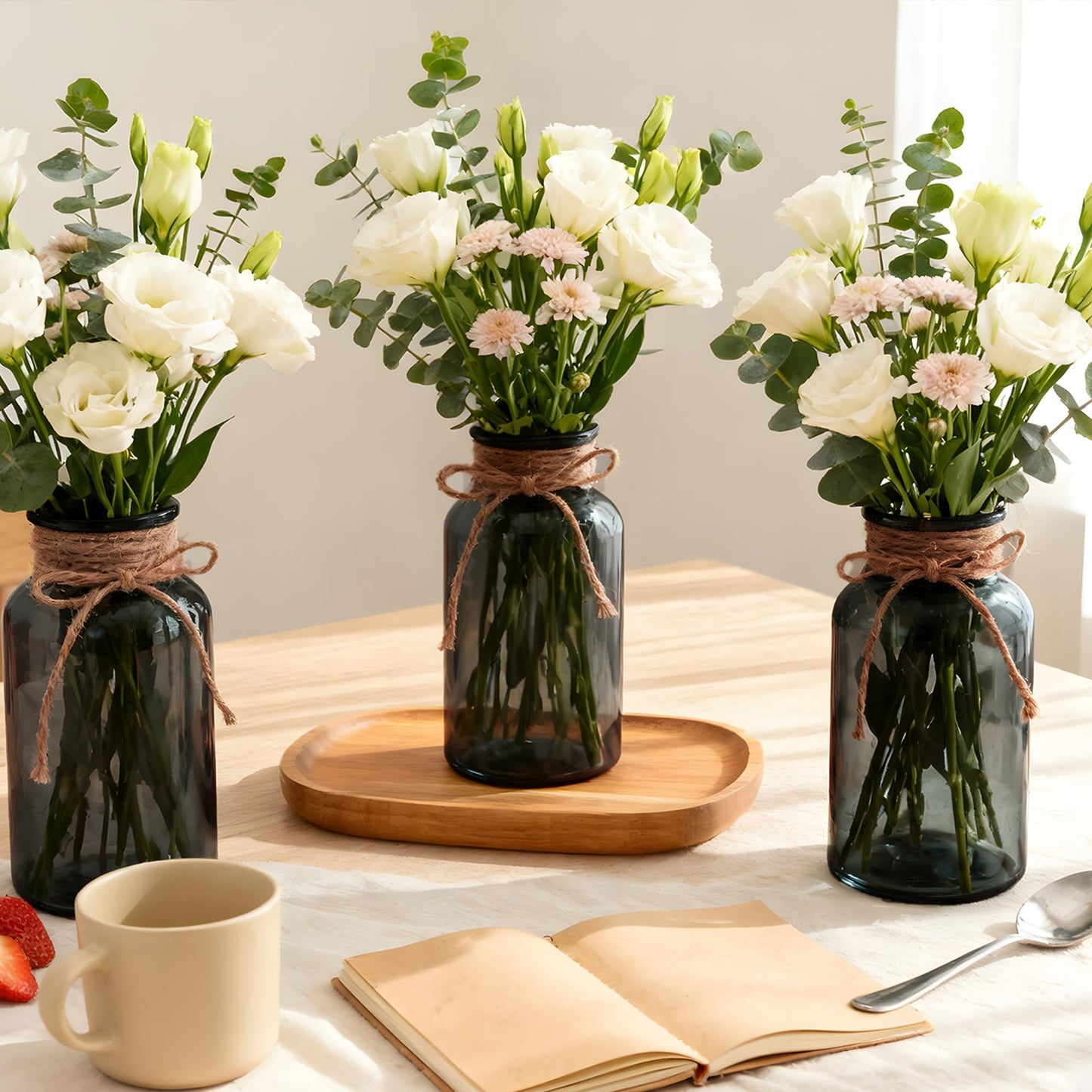 3 Pack Mason Jar Vases for Centerpieces, Amber Glass Flower Vase