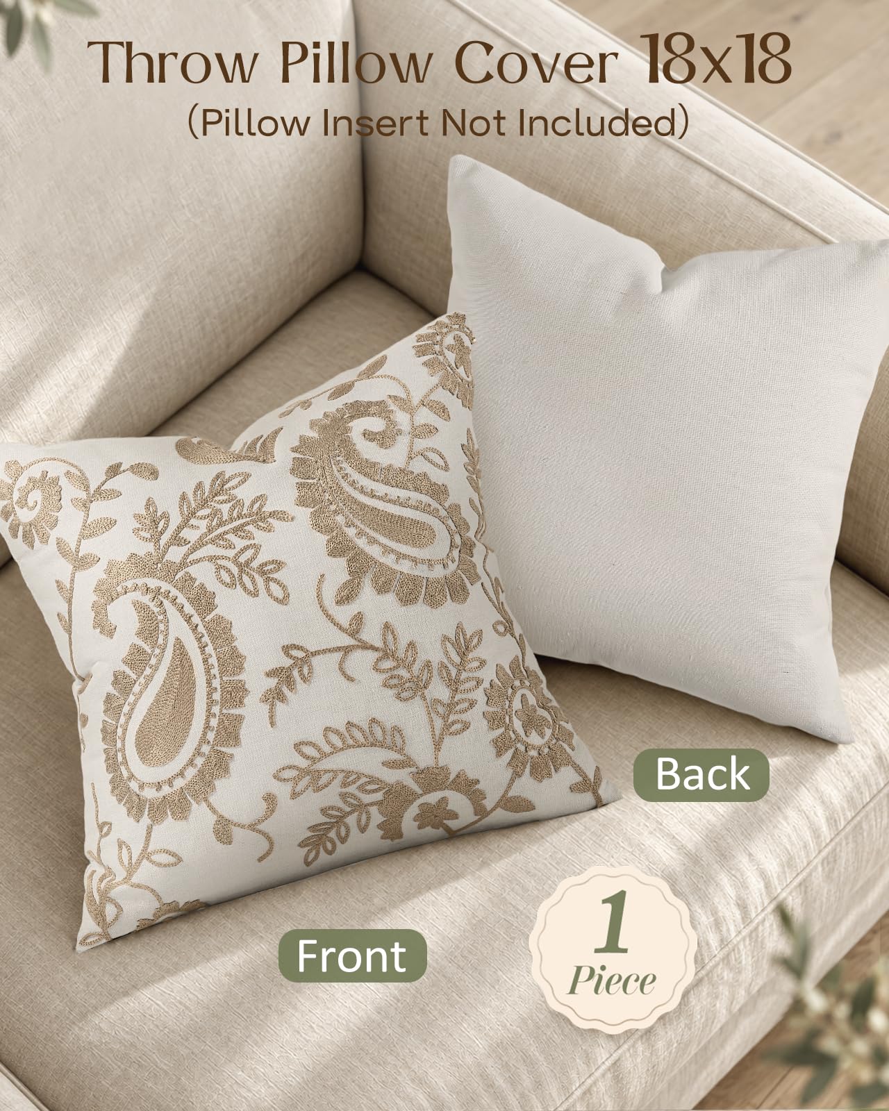 Linen Embroidered Throw Pillow Cover, 18x18 Inch, Khaki Bird