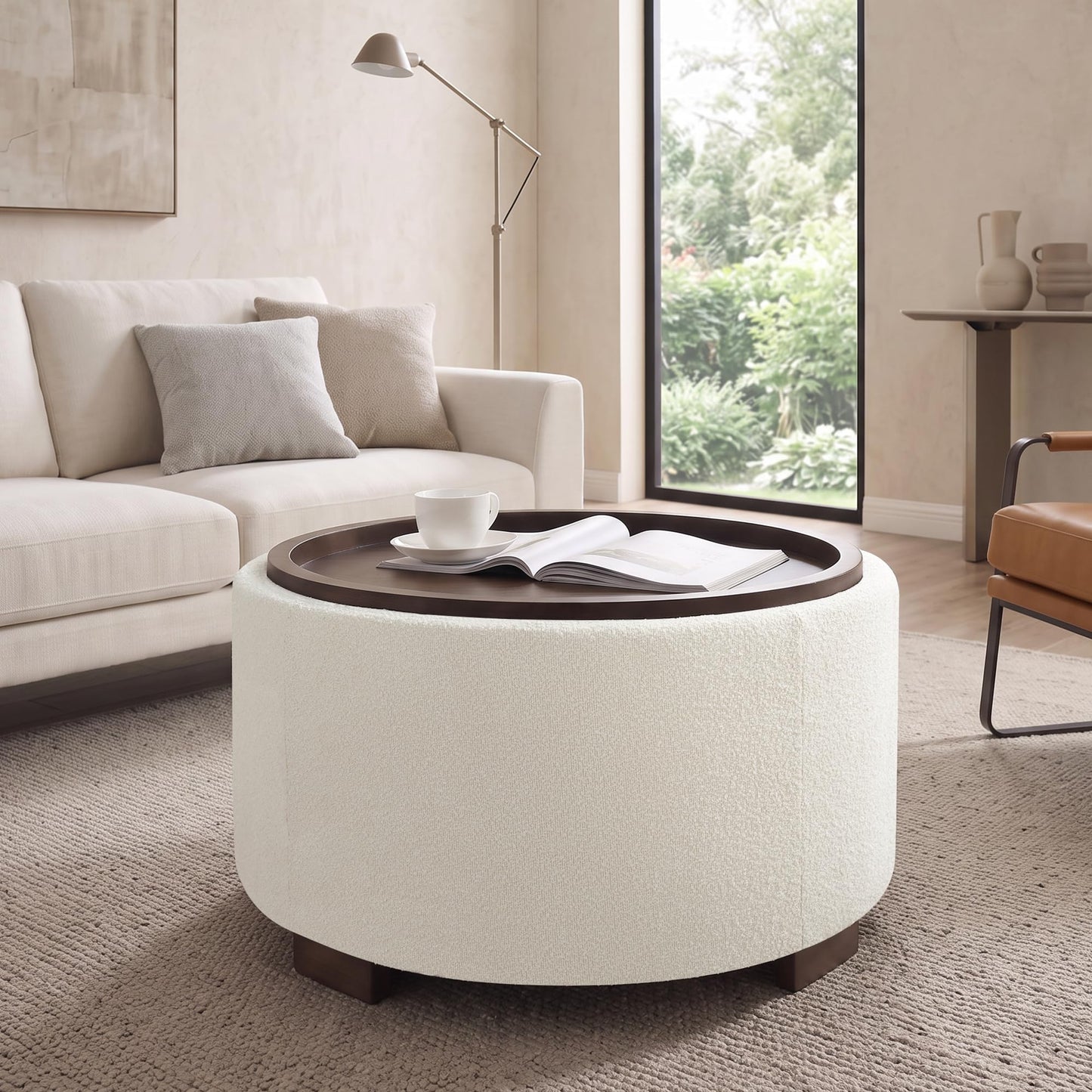 Zihanhome 30 Inch Round Storage Ottoman, Ottoman Coffee Table with Lift Off Lid, Boucle Modern Ottomans with Storage for Living Room, Bedroom, Apartments (Green)