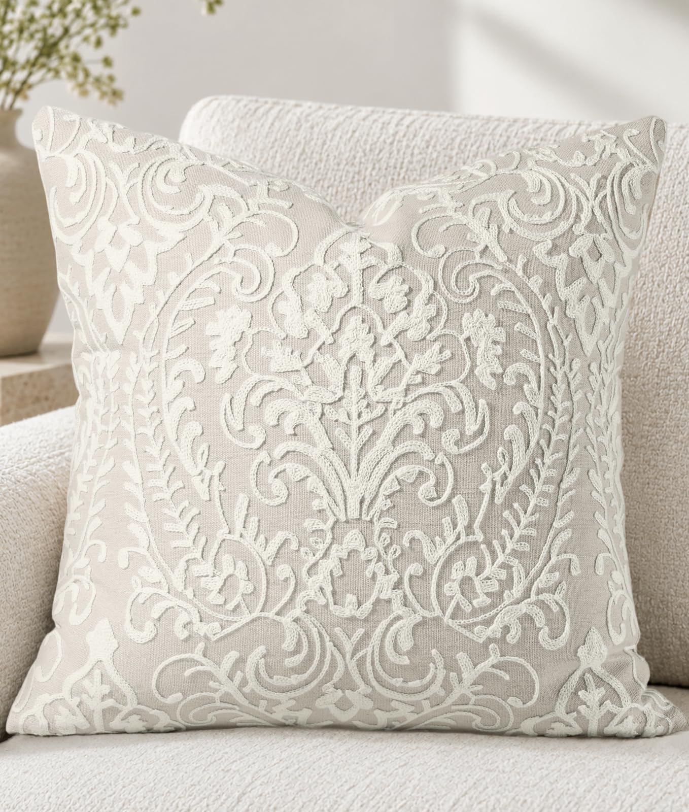 Linen Embroidered Throw Pillow Cover, 18x18 Inch, Khaki Bird
