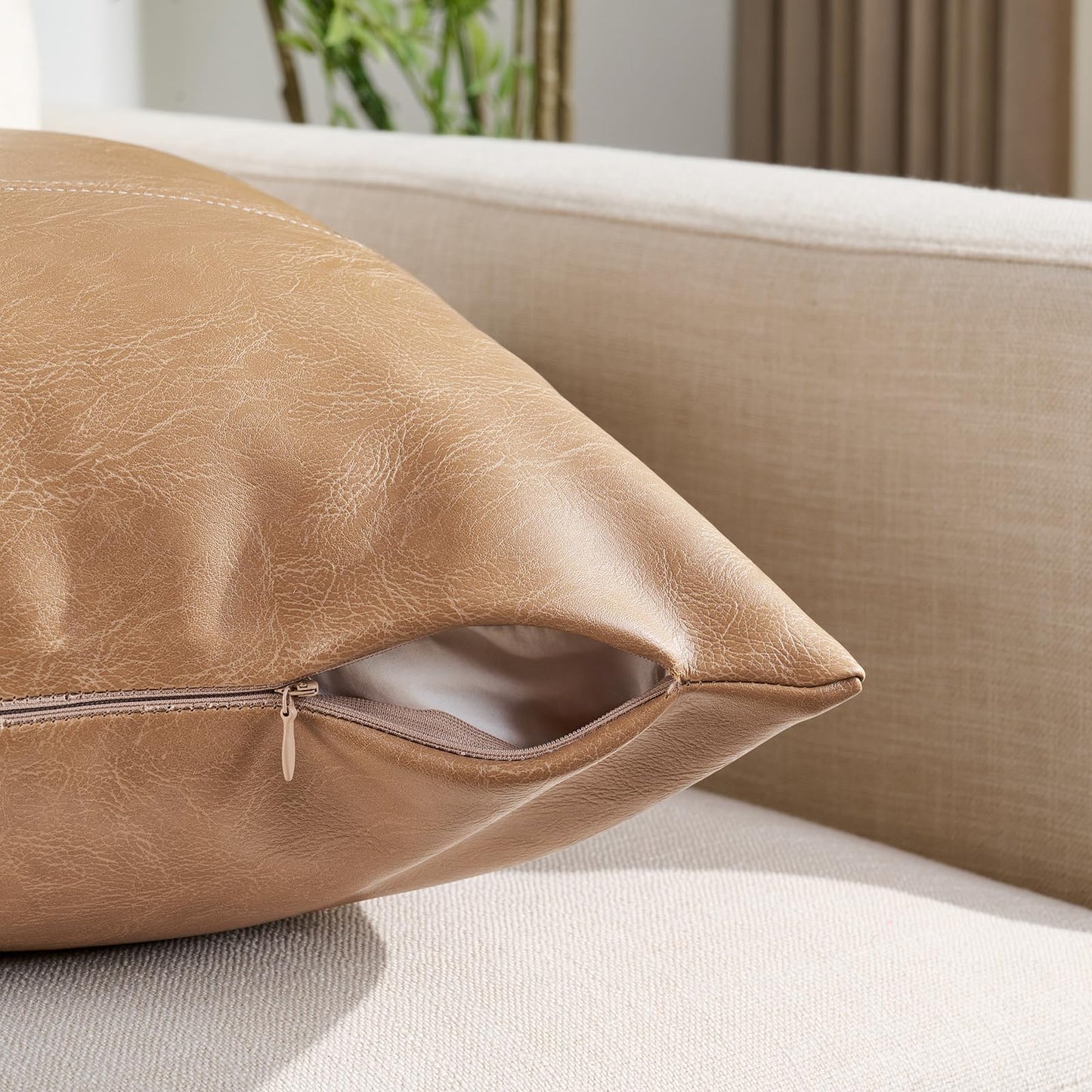 Fancy Homi Brown Boho Long Lumbar Faux Leather Body Decorative Throw Pillow Cover 14x36 Inch for Bedroom Couch Bed Bench, Thick Stylish Solid Rectangle Pillowcase, Rustic Modern Farmhouse Room Decor