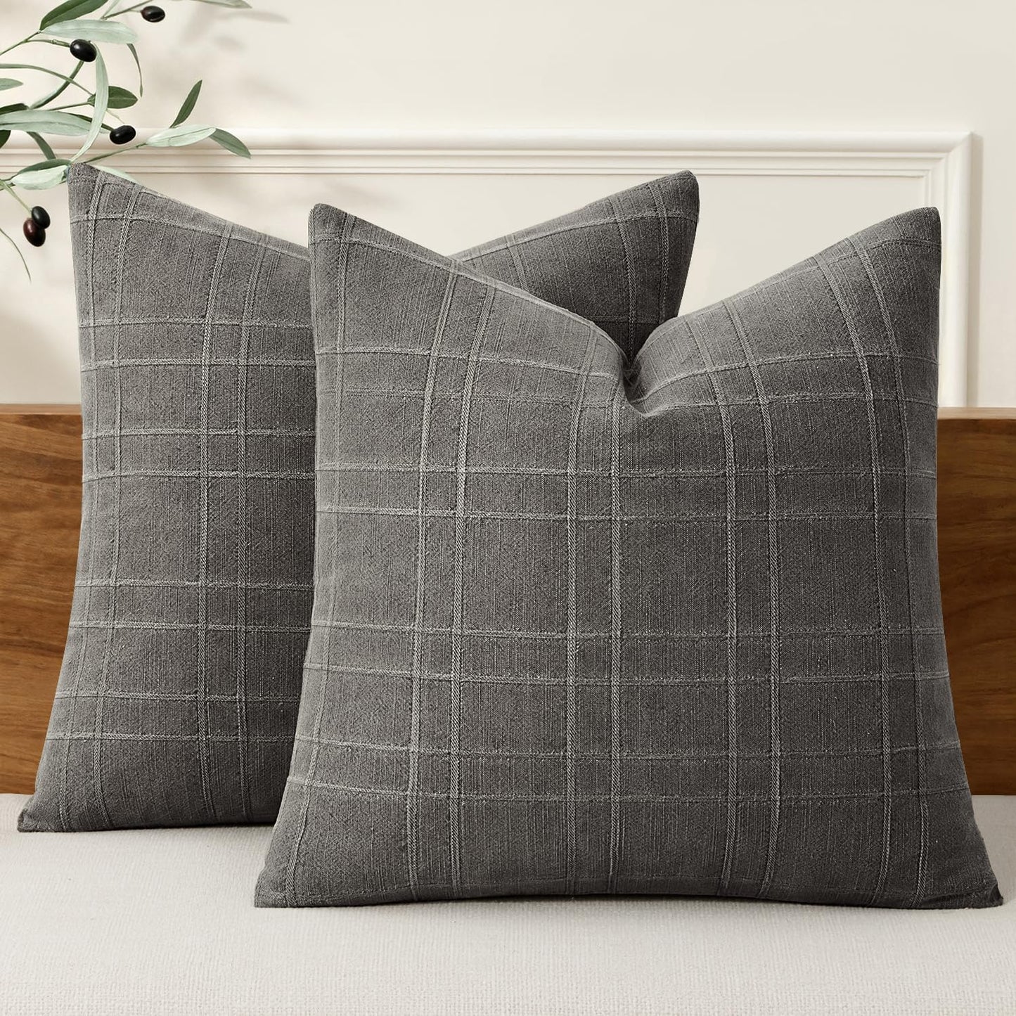 MIULEE Linen Plaid Pillow Covers Decorative 18x18 Dark Olive Green