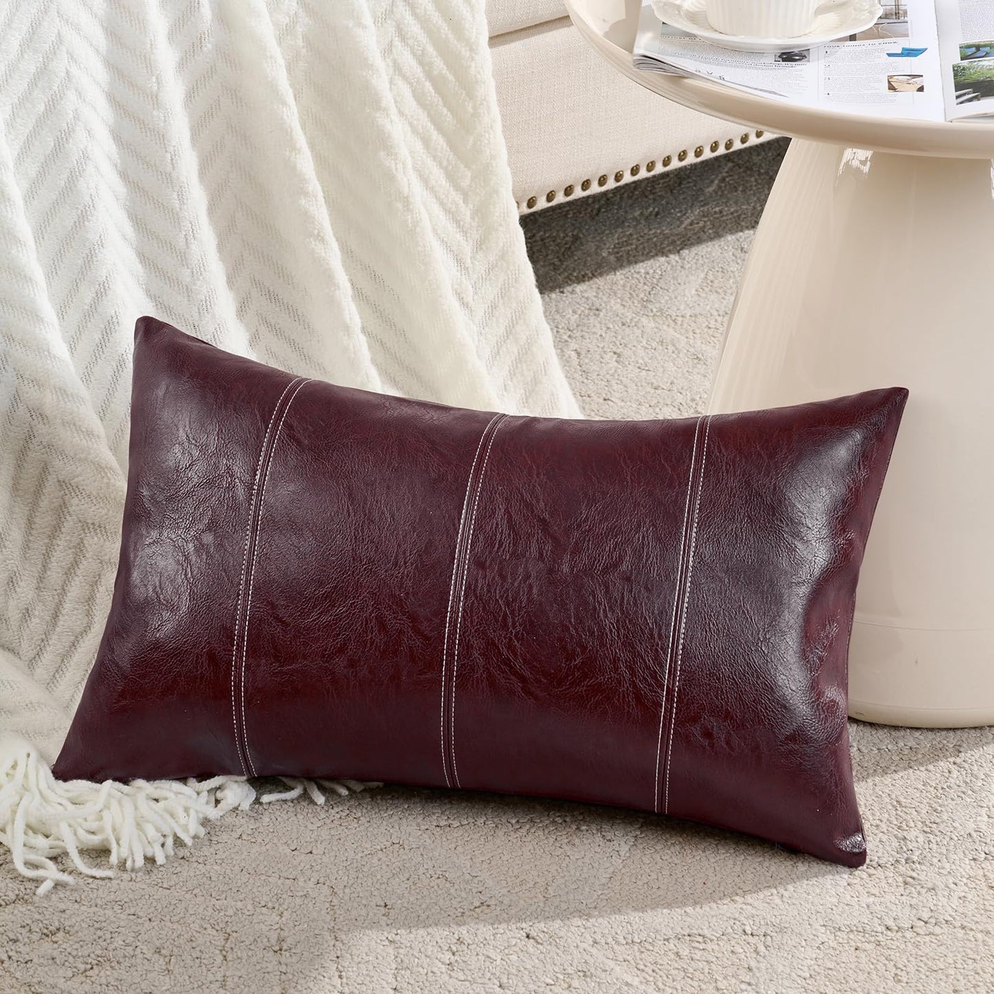 Fancy Homi Brown Boho Long Lumbar Faux Leather Body Decorative Throw Pillow Cover 14x36 Inch for Bedroom Couch Bed Bench, Thick Stylish Solid Rectangle Pillowcase, Rustic Modern Farmhouse Room Decor