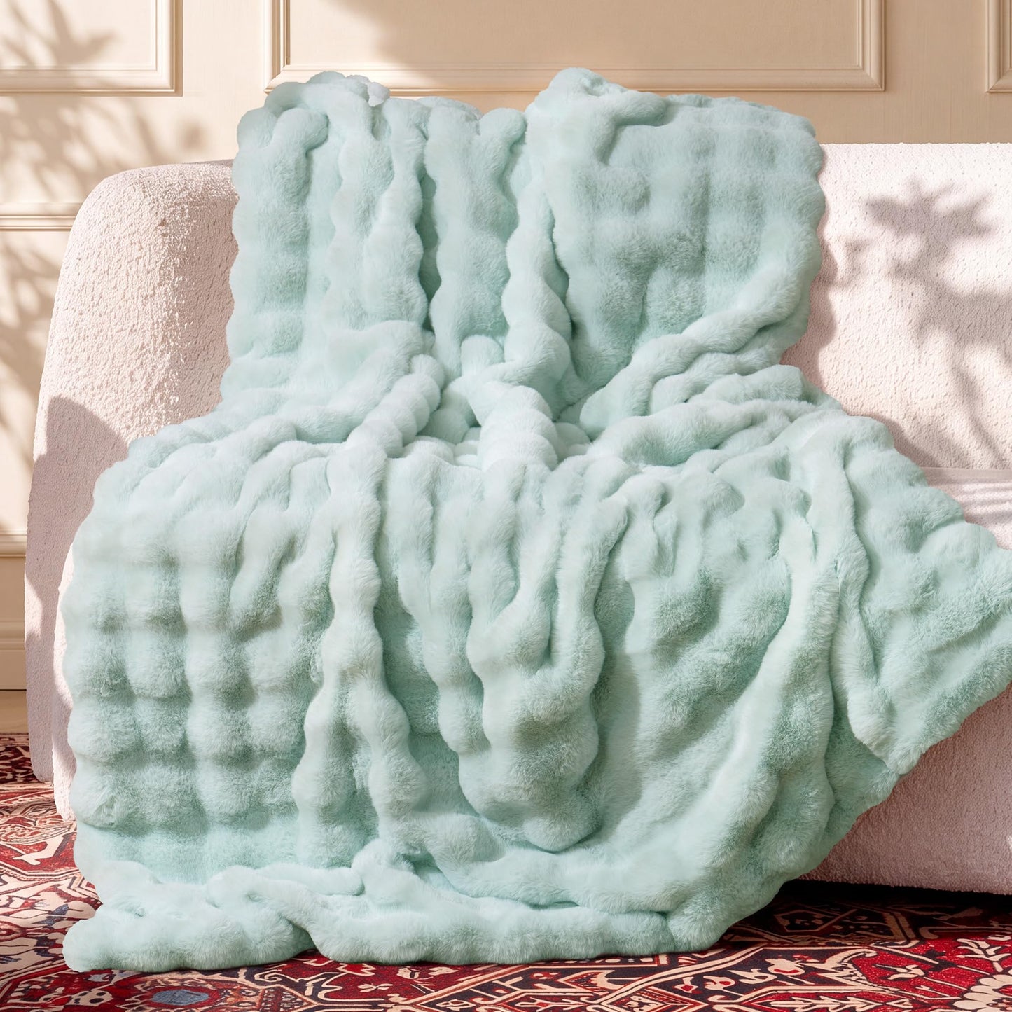 Ultra Soft Cozy Faux Fur Throw Blanket, Fuzzy Plush Thick Bubble Blanket, Oversize Luxury Fluffy Blanket for Couch, Sofa, Bedroom, and Living Room, 50x60 Inches, Light Brown