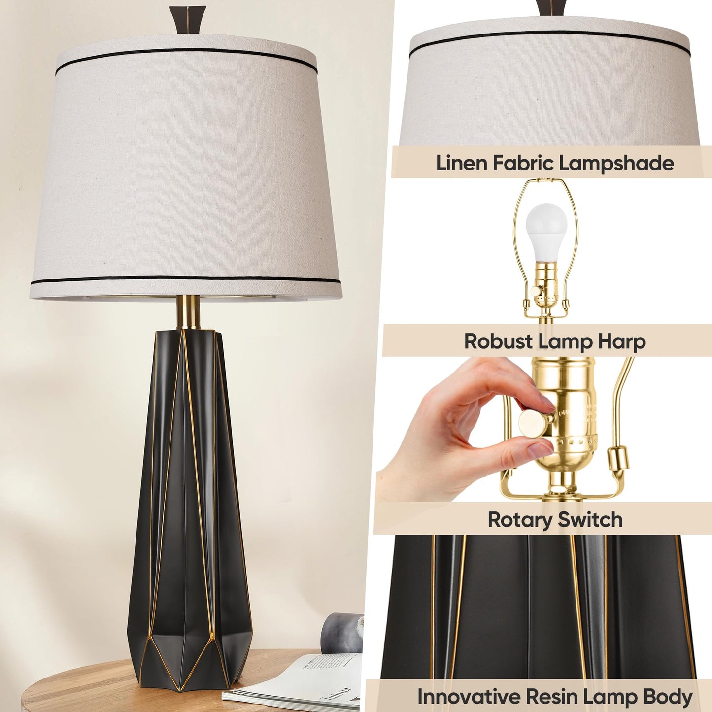 WIHTU 27" Wood Grain Resin Table Lamp Set of 2,Modern Beside Lamp for Decor
