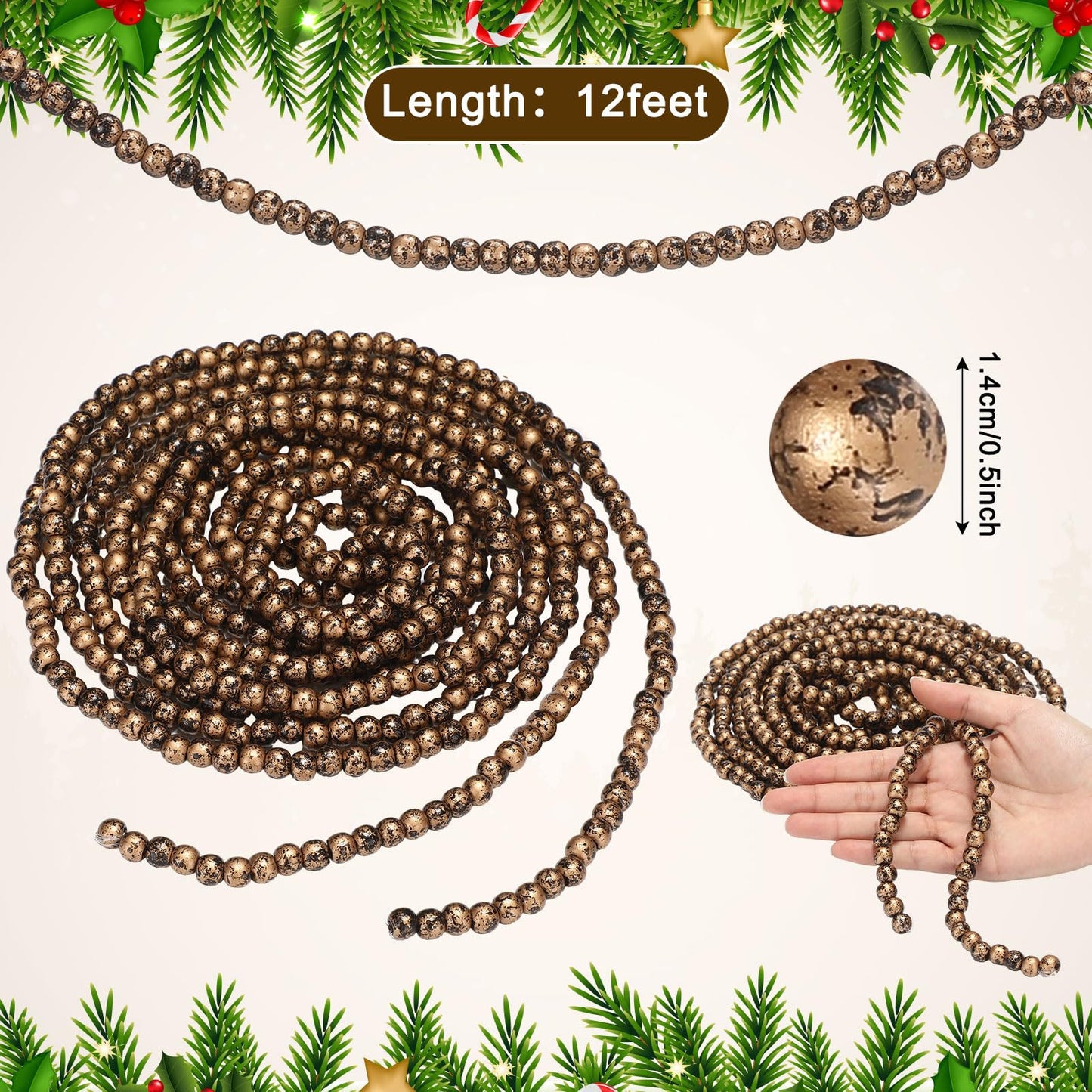 WILLBOND 16 Feet Wood Bead Garland Christmas Tree, Wood Color