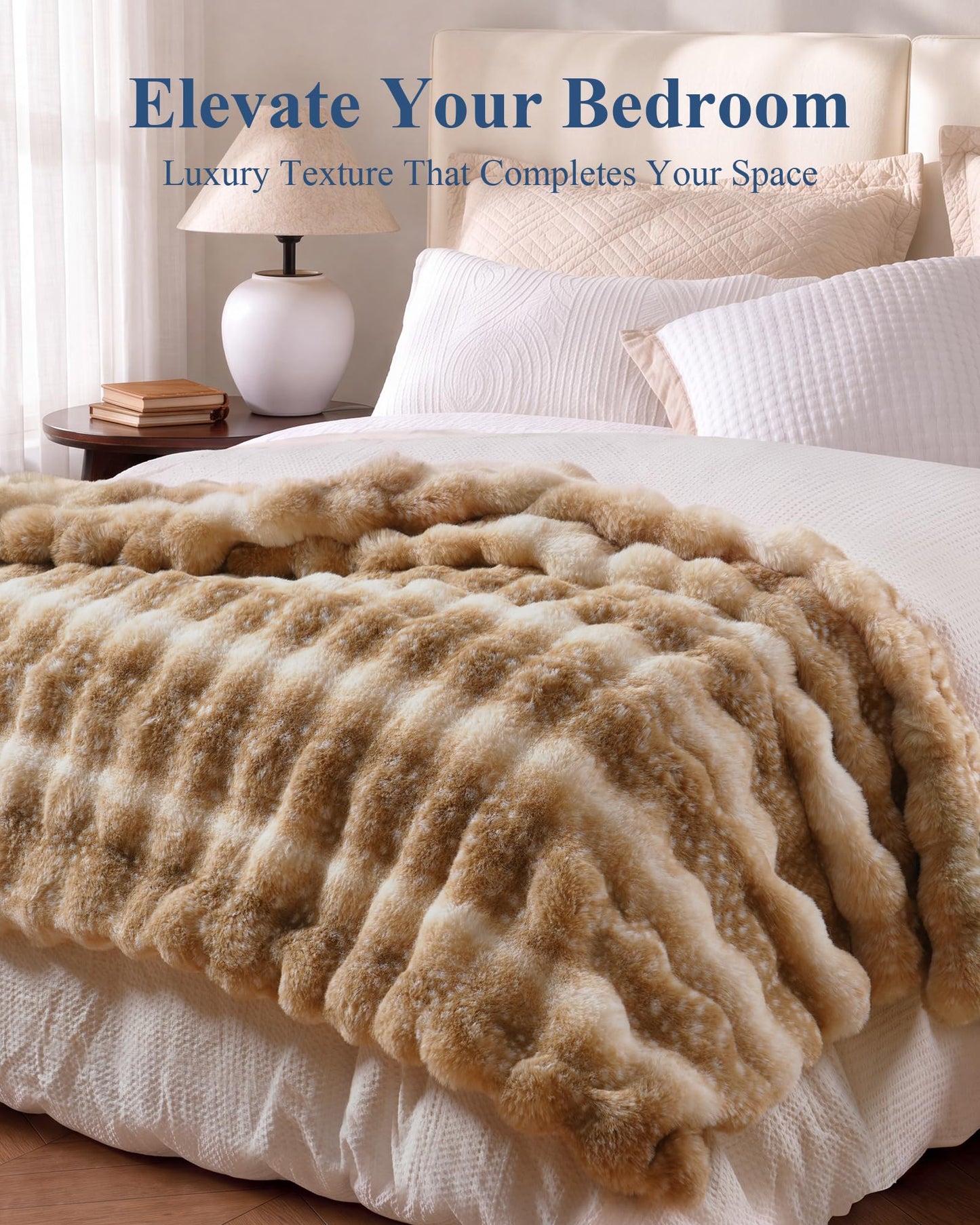 Ultra Soft Cozy Faux Fur Throw Blanket, Fuzzy Plush Thick Bubble Blanket, Oversize Luxury Fluffy Blanket for Couch, Sofa, Bedroom, and Living Room, 50x60 Inches, Light Brown