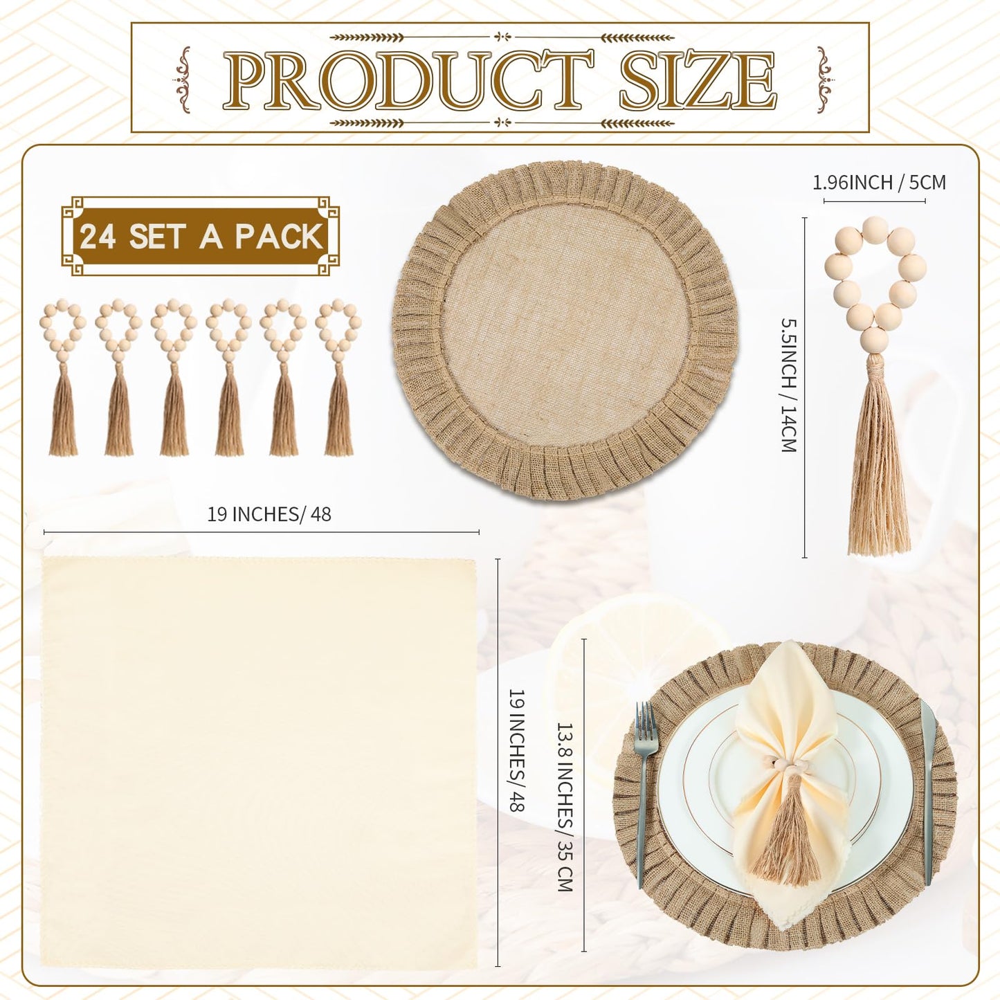 Gejoy 18 Pcs Burlap Placemat Wood Napkin Ring Dinner Napkin, Natural