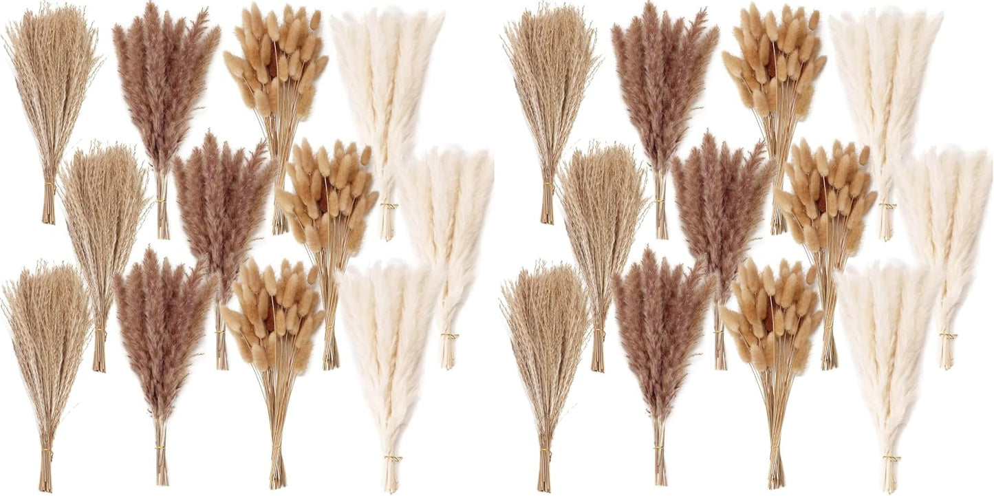 Dried Pampas Grass Decor, 100 Stems Pampas Grass Contains Bunny Tails Dried Flowers, Reed Grass Bouquet for Wedding Boho Flowers Home Table Decor, Rustic Farmhouse Party (17", White and Brown)