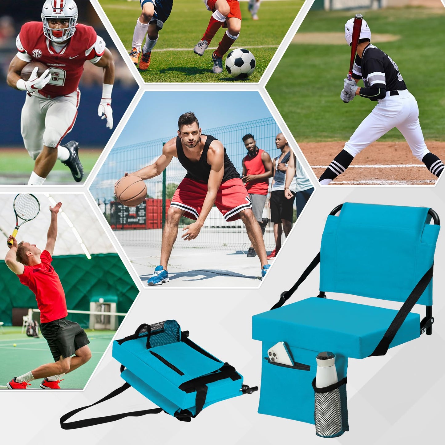 2pcs Stadium Seat for Bleachers with Back Support，Portable Bleacher Chairs with Back and Cushion，Includes Shoulder Strap and Cup Holder