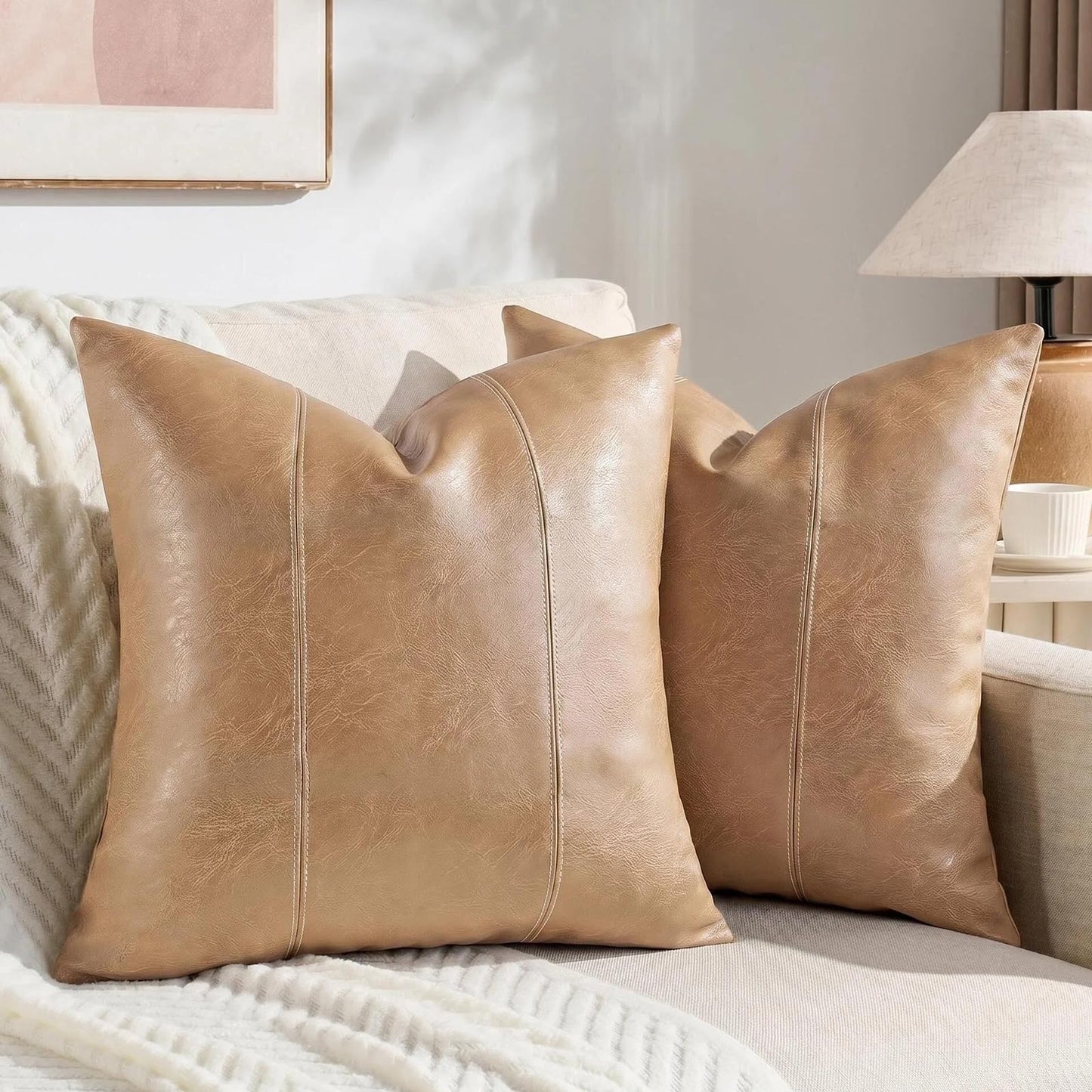 Fancy Homi Brown Boho Long Lumbar Faux Leather Body Decorative Throw Pillow Cover 14x36 Inch for Bedroom Couch Bed Bench, Thick Stylish Solid Rectangle Pillowcase, Rustic Modern Farmhouse Room Decor