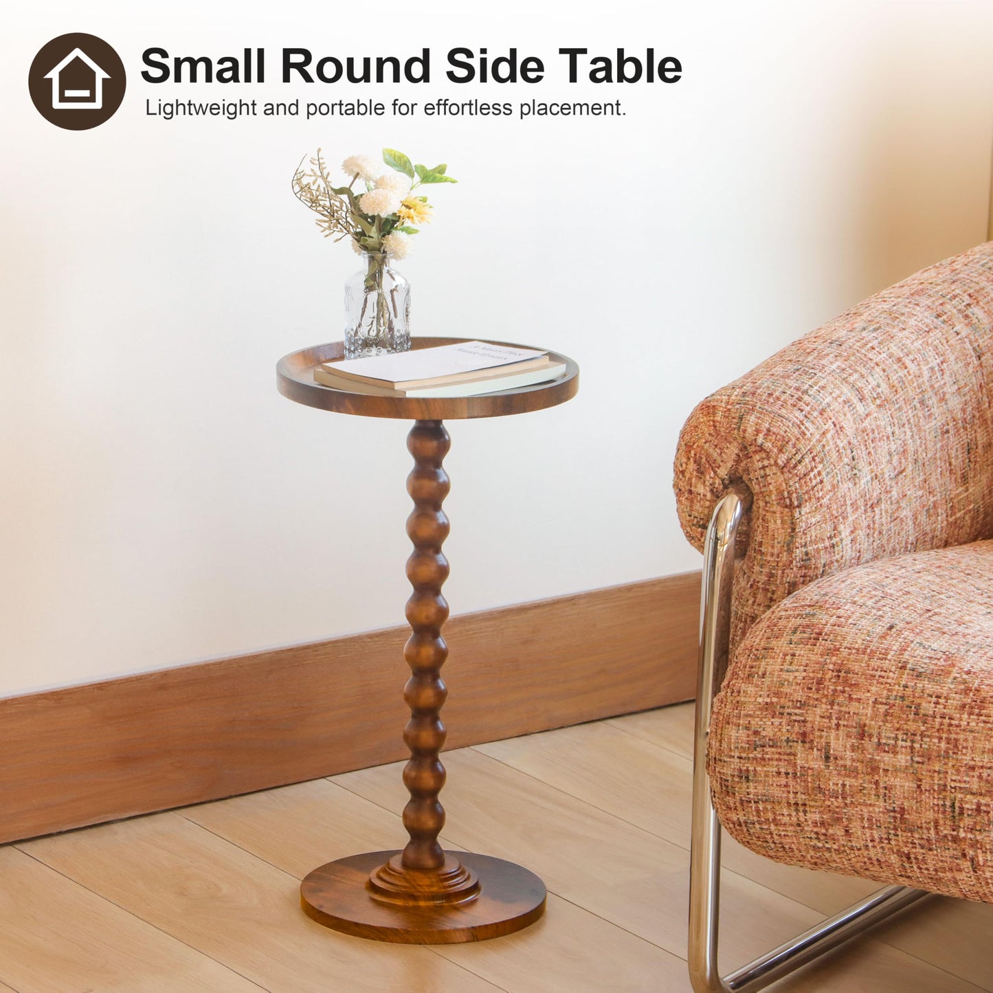 AWASEN Small Side Table, Round Drink Table for Small Spaces, Round Accent End Table Living Room, Nightstand for Bedroom, Corners, Office, Walnut Brown