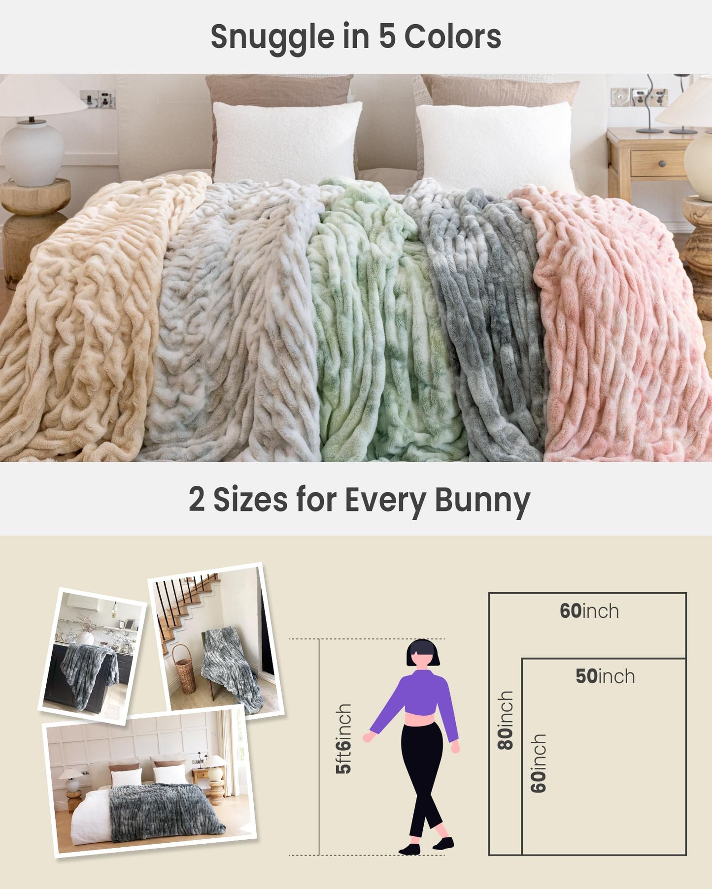 Ultra Soft Cozy Faux Fur Throw Blanket, Fuzzy Plush Thick Bubble Blanket, Oversize Luxury Fluffy Blanket for Couch, Sofa, Bedroom, and Living Room, 50x60 Inches, Light Brown