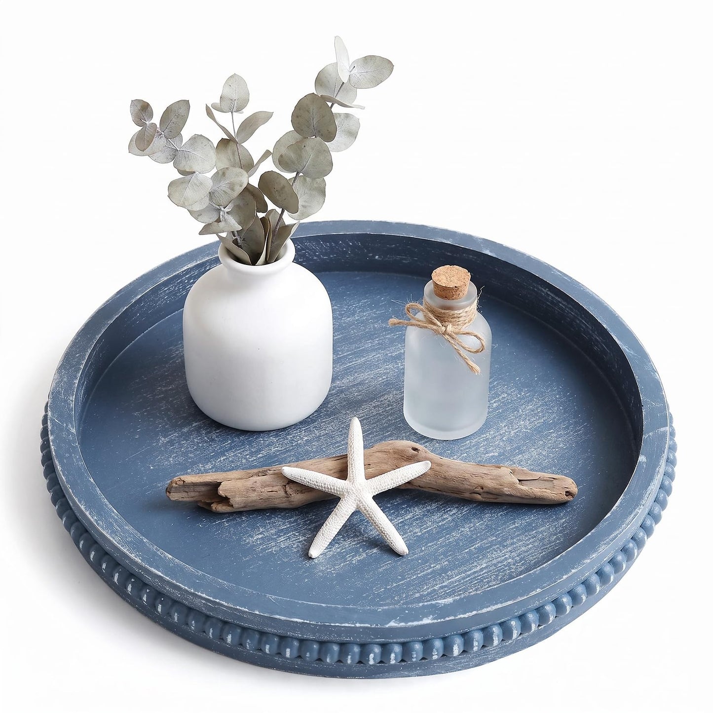 Hrastany Wood Rustic Serving Tray with Beads, Farmhouse Brown Decorative Tray for Table Centerpiece, Christmas Wedding Halloween Home Decor