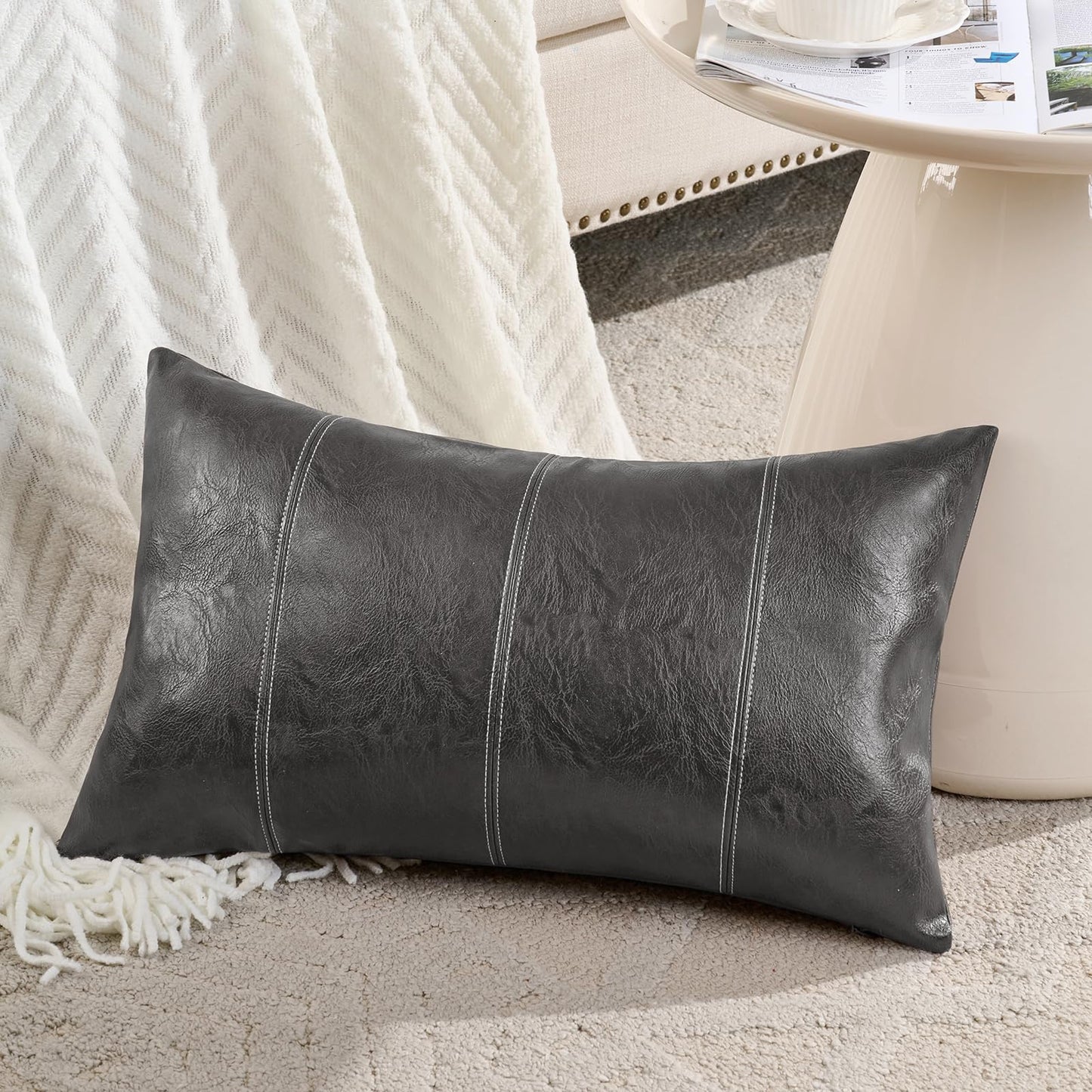 Fancy Homi Brown Boho Long Lumbar Faux Leather Body Decorative Throw Pillow Cover 14x36 Inch for Bedroom Couch Bed Bench, Thick Stylish Solid Rectangle Pillowcase, Rustic Modern Farmhouse Room Decor
