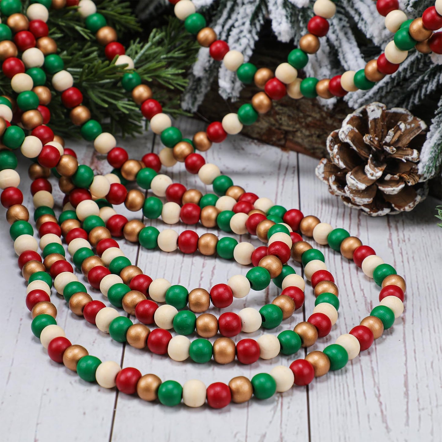 WILLBOND 16 Feet Wood Bead Garland Christmas Tree, Wood Color