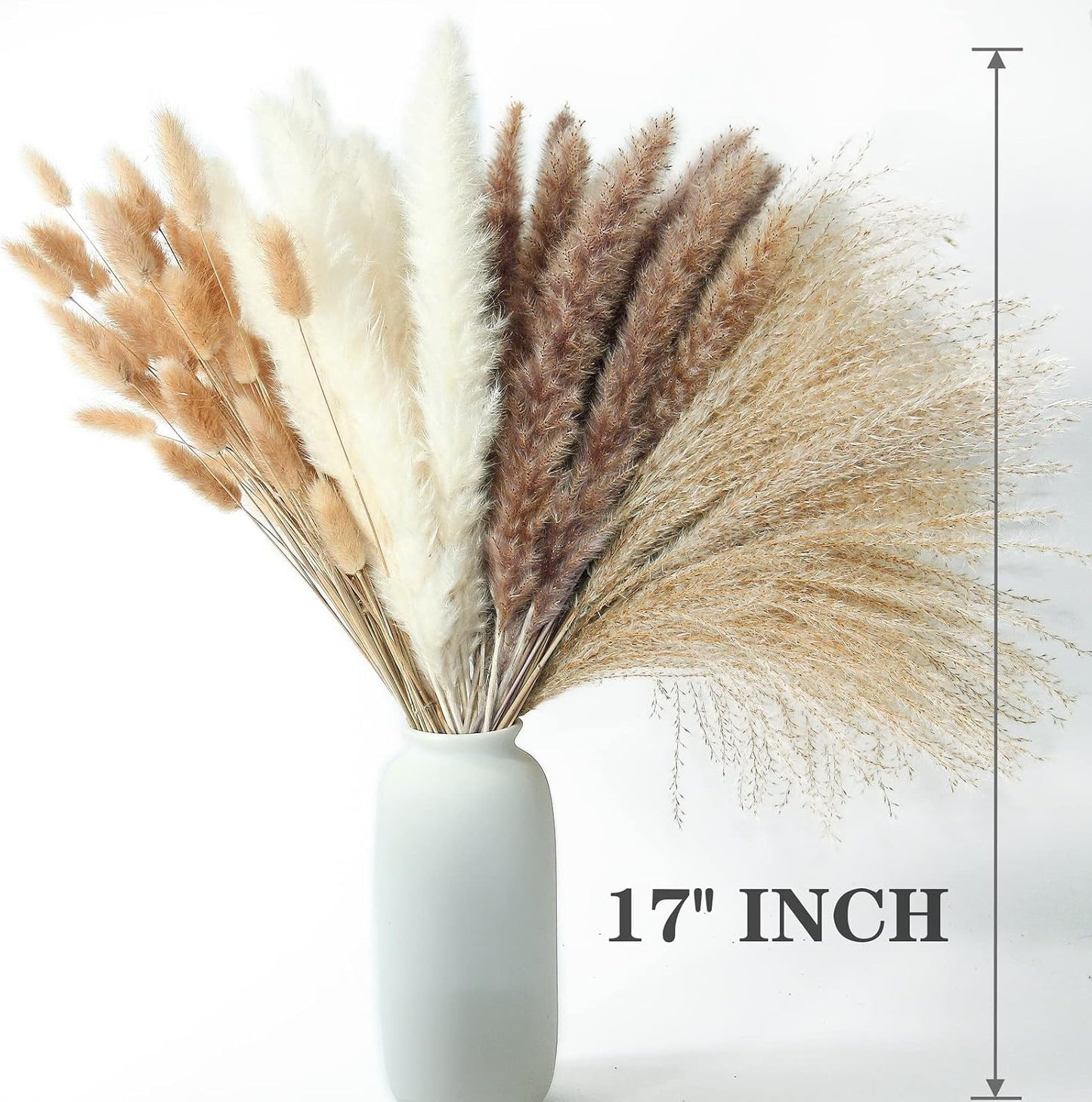 Dried Pampas Grass Decor, 100 Stems Pampas Grass Contains Bunny Tails Dried Flowers, Reed Grass Bouquet for Wedding Boho Flowers Home Table Decor, Rustic Farmhouse Party (17", White and Brown)