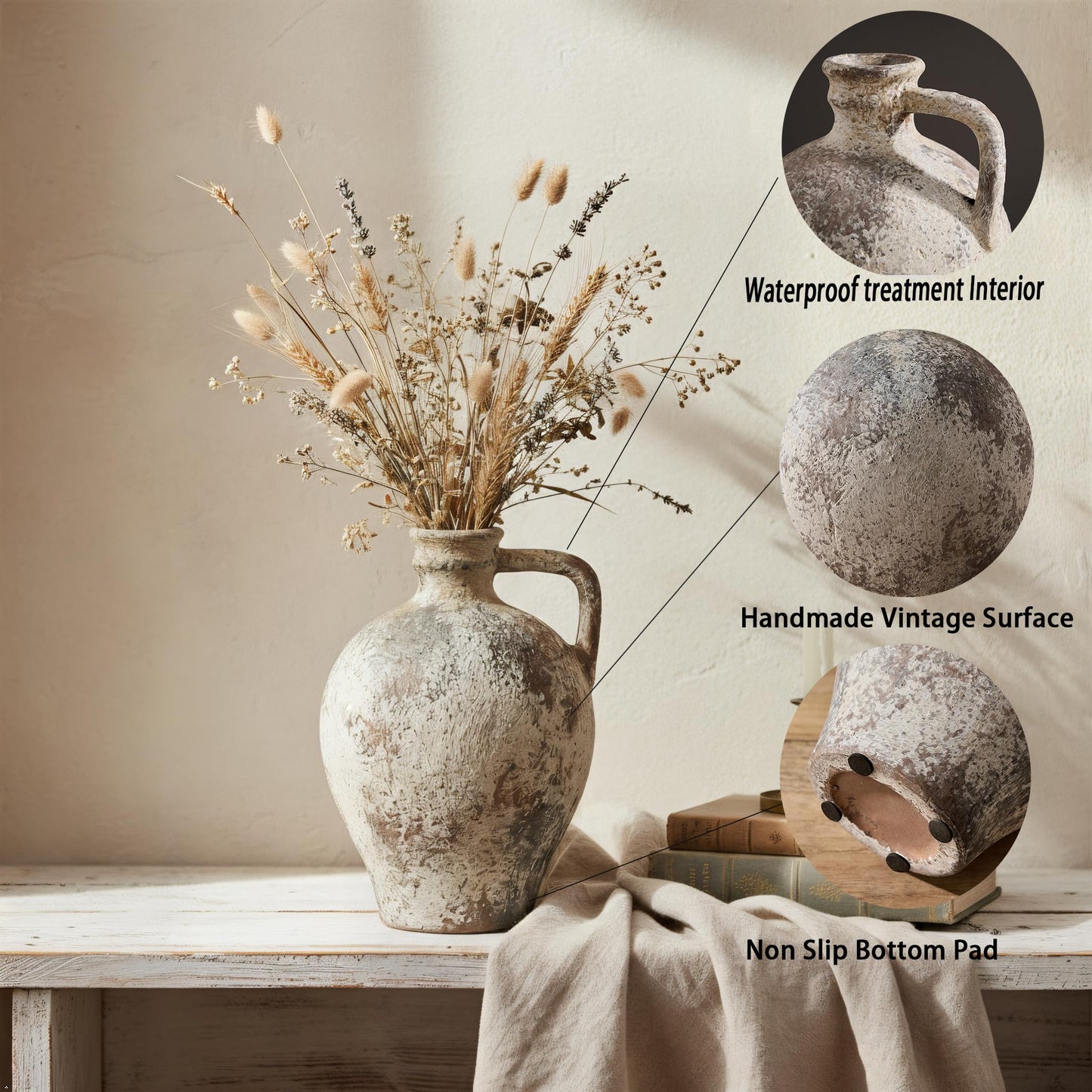 Ceramic Rustic Farmhouse Vase,9.25 inch Terracotta Vase with Handle