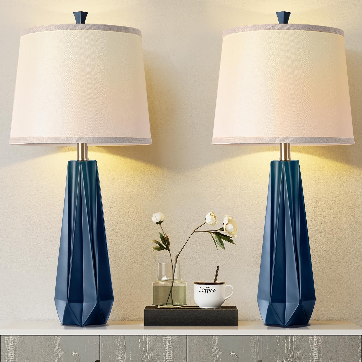 WIHTU 27" Wood Grain Resin Table Lamp Set of 2,Modern Beside Lamp for Decor
