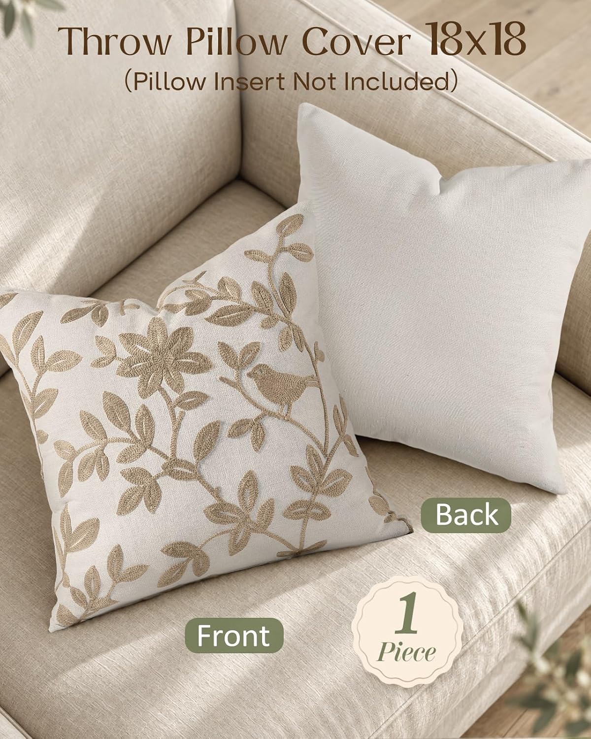 Linen Embroidered Throw Pillow Cover, 18x18 Inch, Khaki Bird