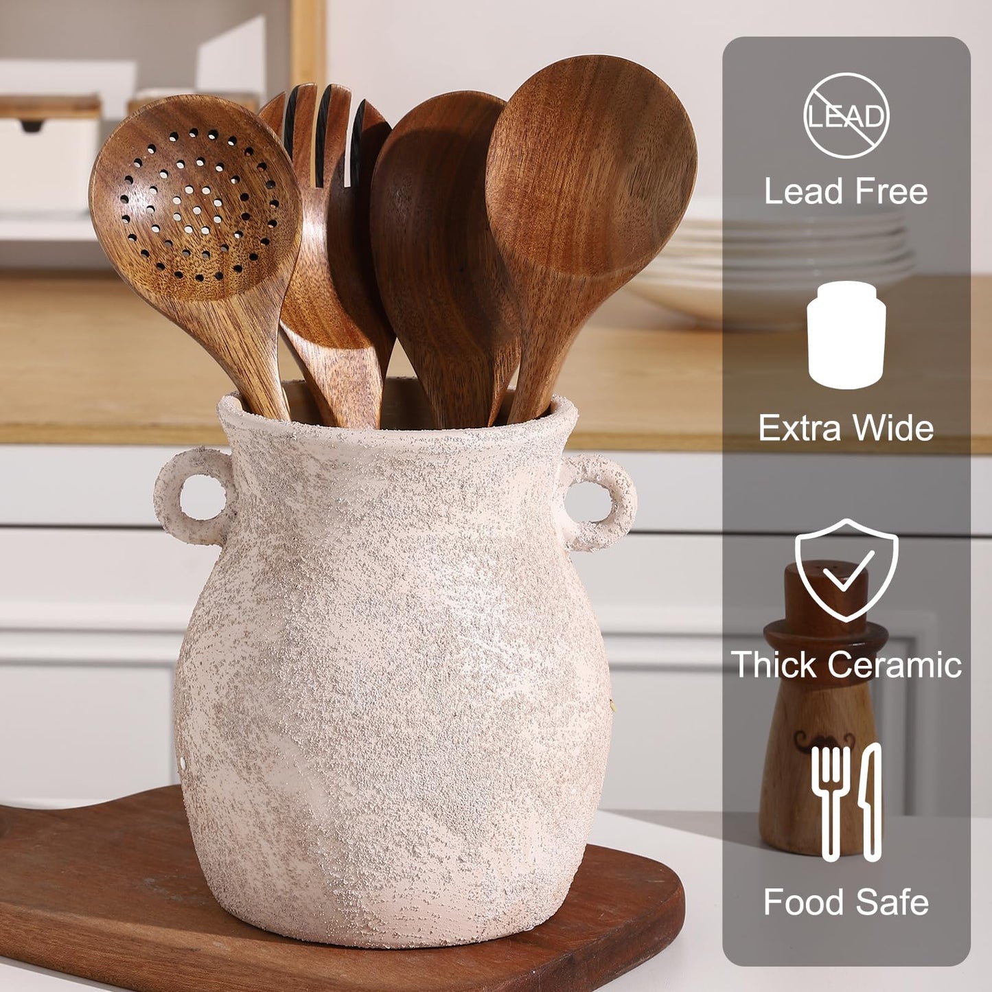 Ceramic Farmhouse Kitchen Utensil Holder for Countertop, Rustic Cooking Utensil Holder Crock Fit for Kitchen Counter.