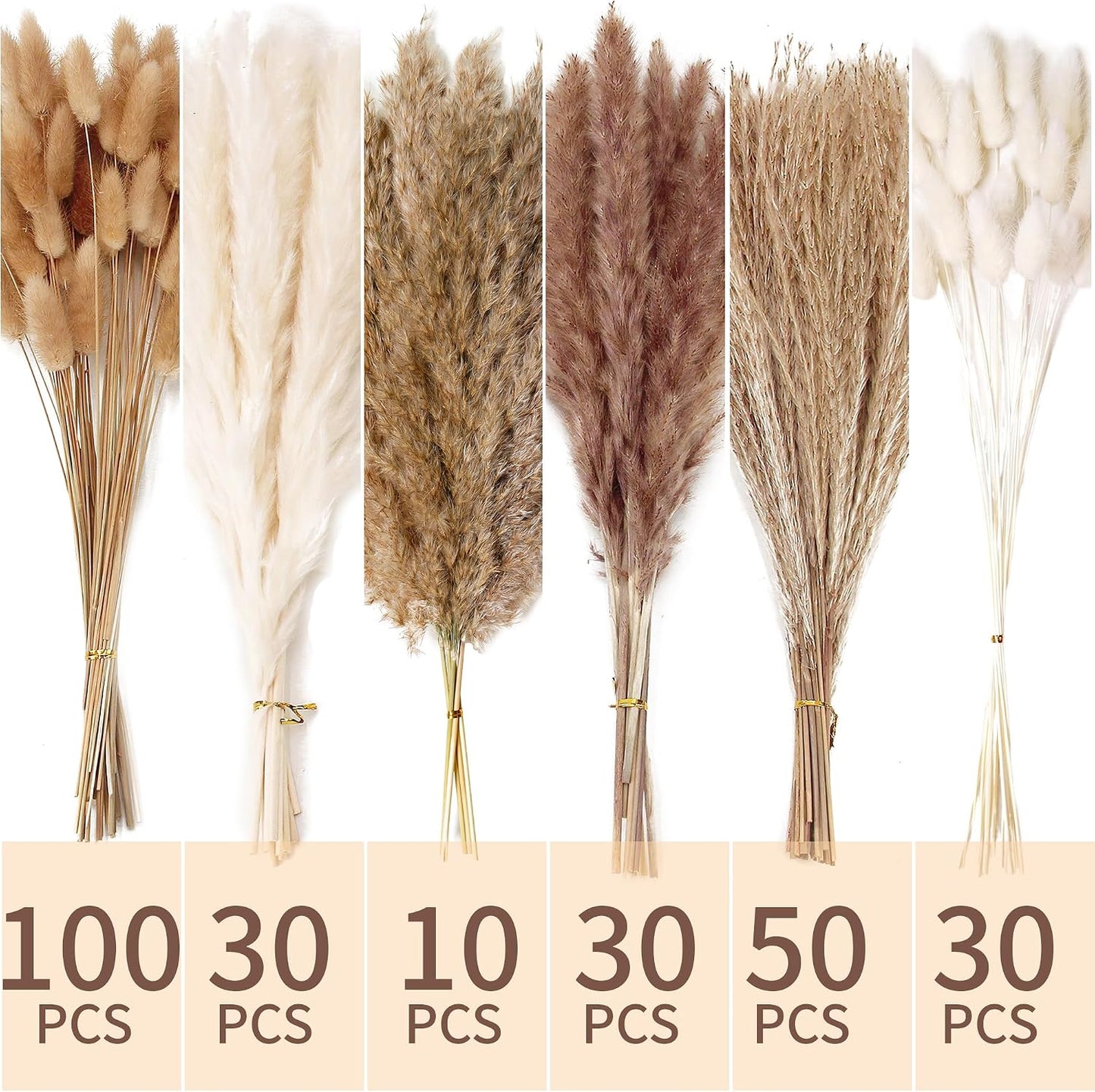 Dried Pampas Grass Decor, 100 Stems Pampas Grass Contains Bunny Tails Dried Flowers, Reed Grass Bouquet for Wedding Boho Flowers Home Table Decor, Rustic Farmhouse Party (17", White and Brown)