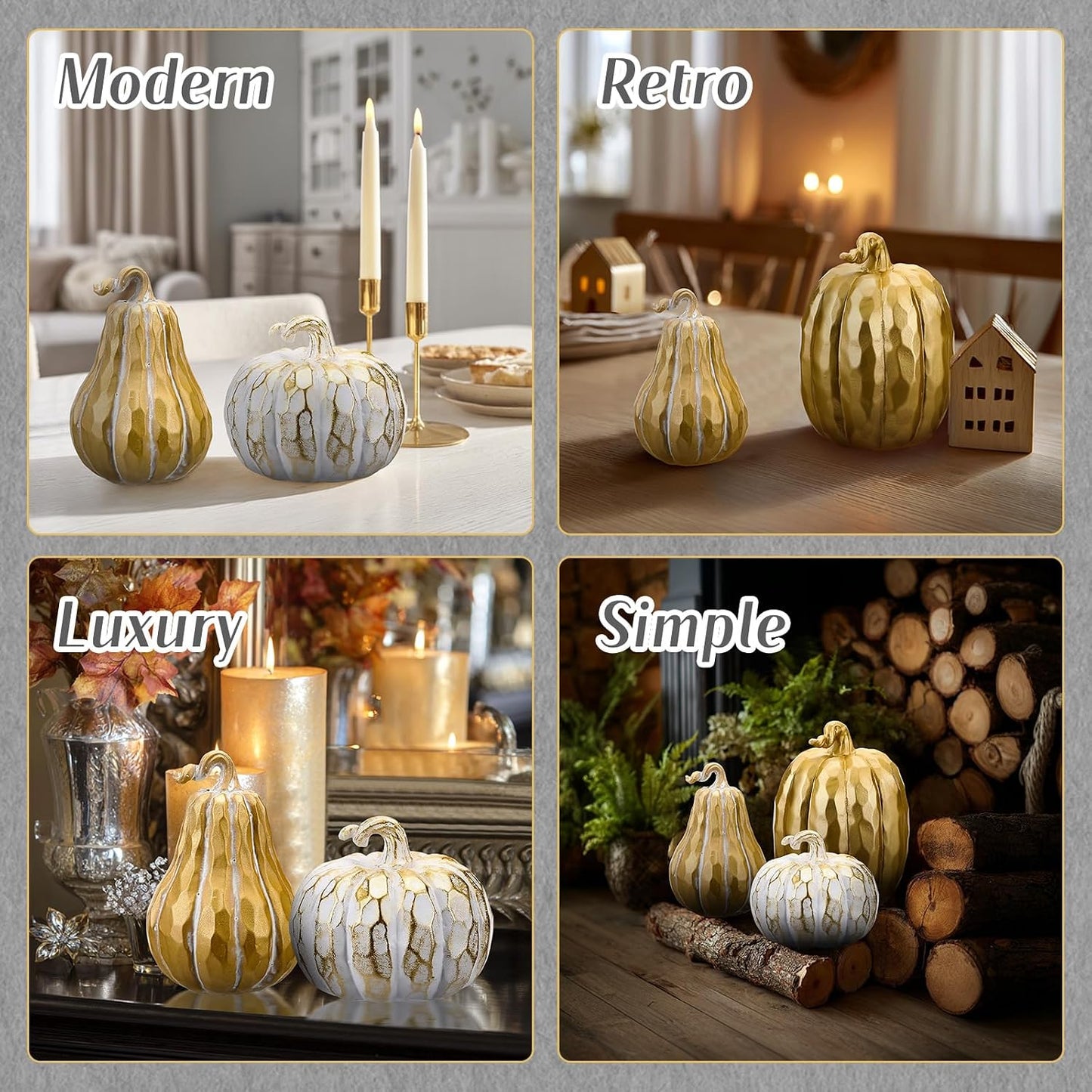 VioraWhite 3 Pack Fall Pumpkin Decor White Gold Resin Pumpkin Figurine