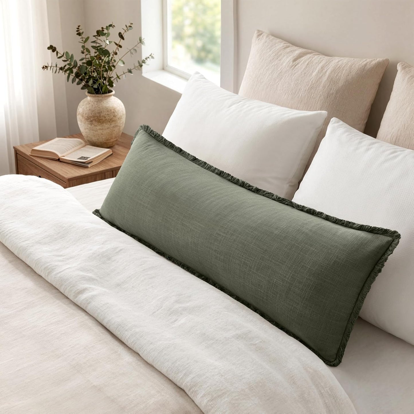 MIULEE 14x36 Long Linen Lumbar Pillow Covers Set of 1 Light Olive Green