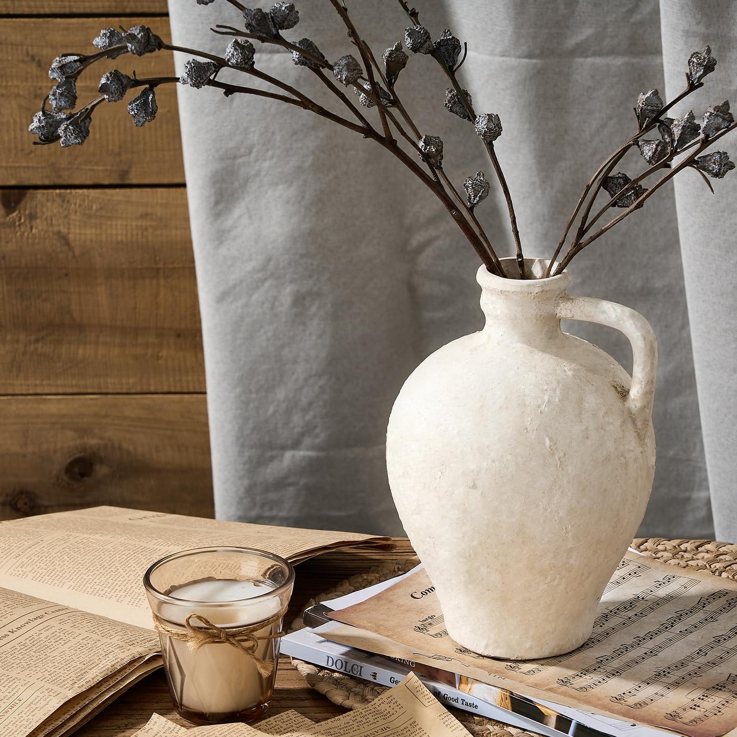 Ceramic Rustic Farmhouse Vase,9.25 inch Terracotta Vase with Handle