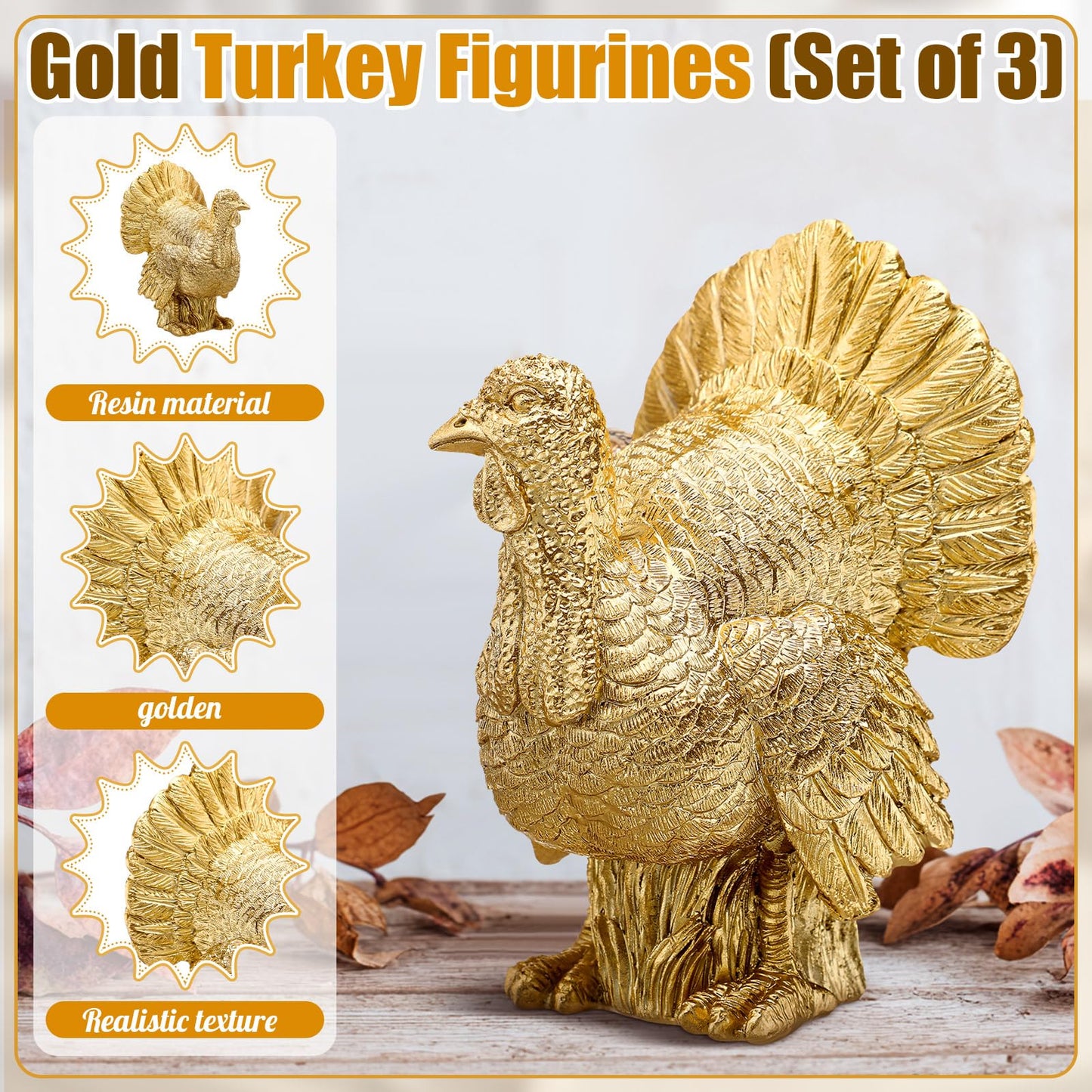 VioraWhite 3 Pack Fall Pumpkin Decor White Gold Resin Pumpkin Figurine