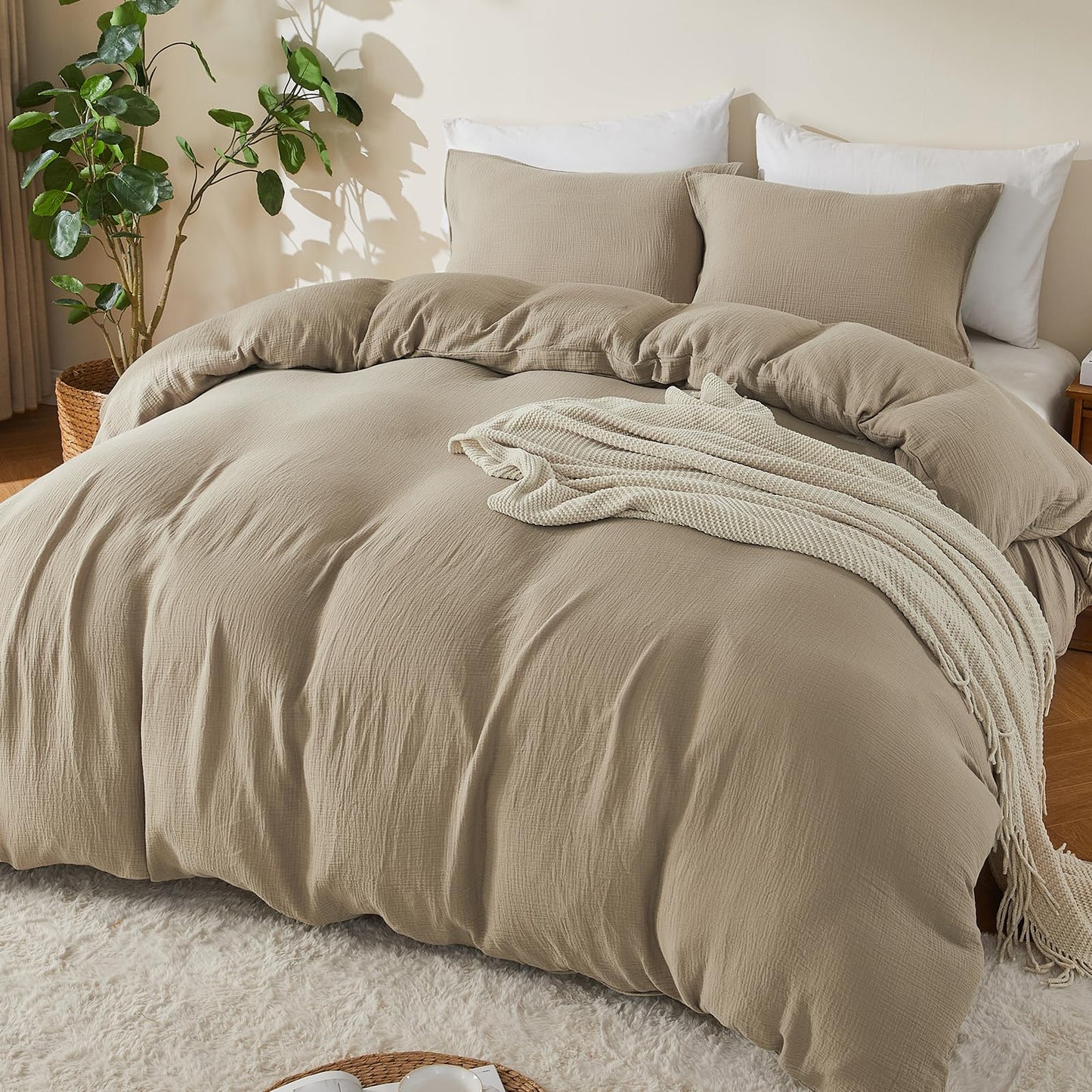 EMME Muslin Cotton Duvet Cover Set Linen Like Beige Queen