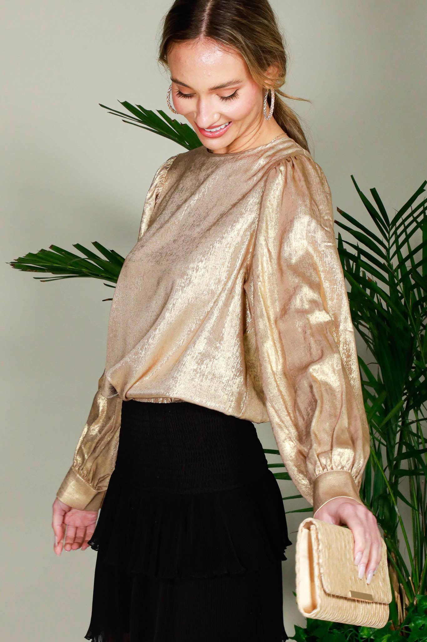 Long Balloon Sleeve Round Neck Metallic Woven BlouseVT31320D: Hunter Green / S