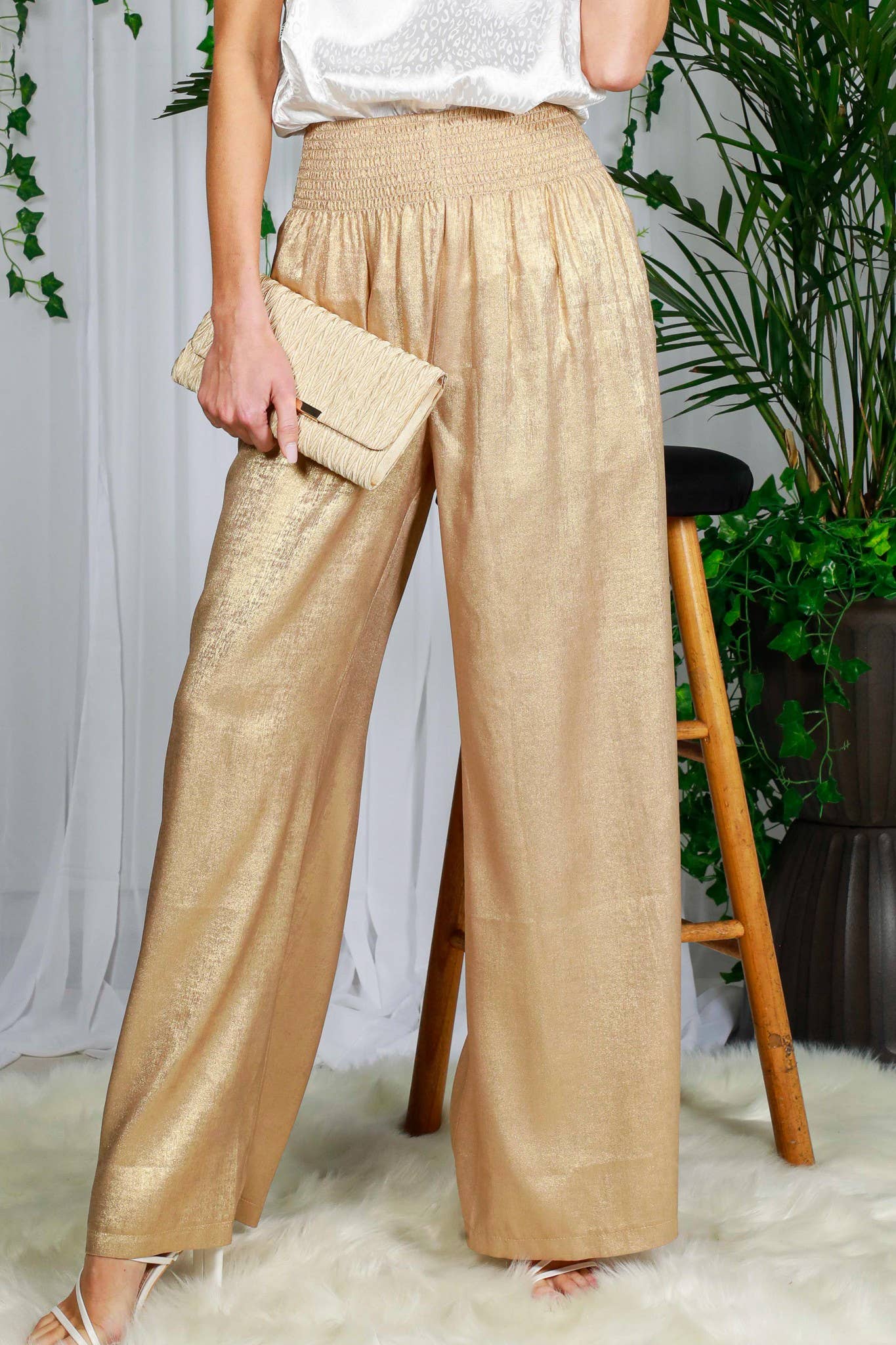 Elastic Smocked Waist Band With Pocket Foil Pants VP81443B: Black / L